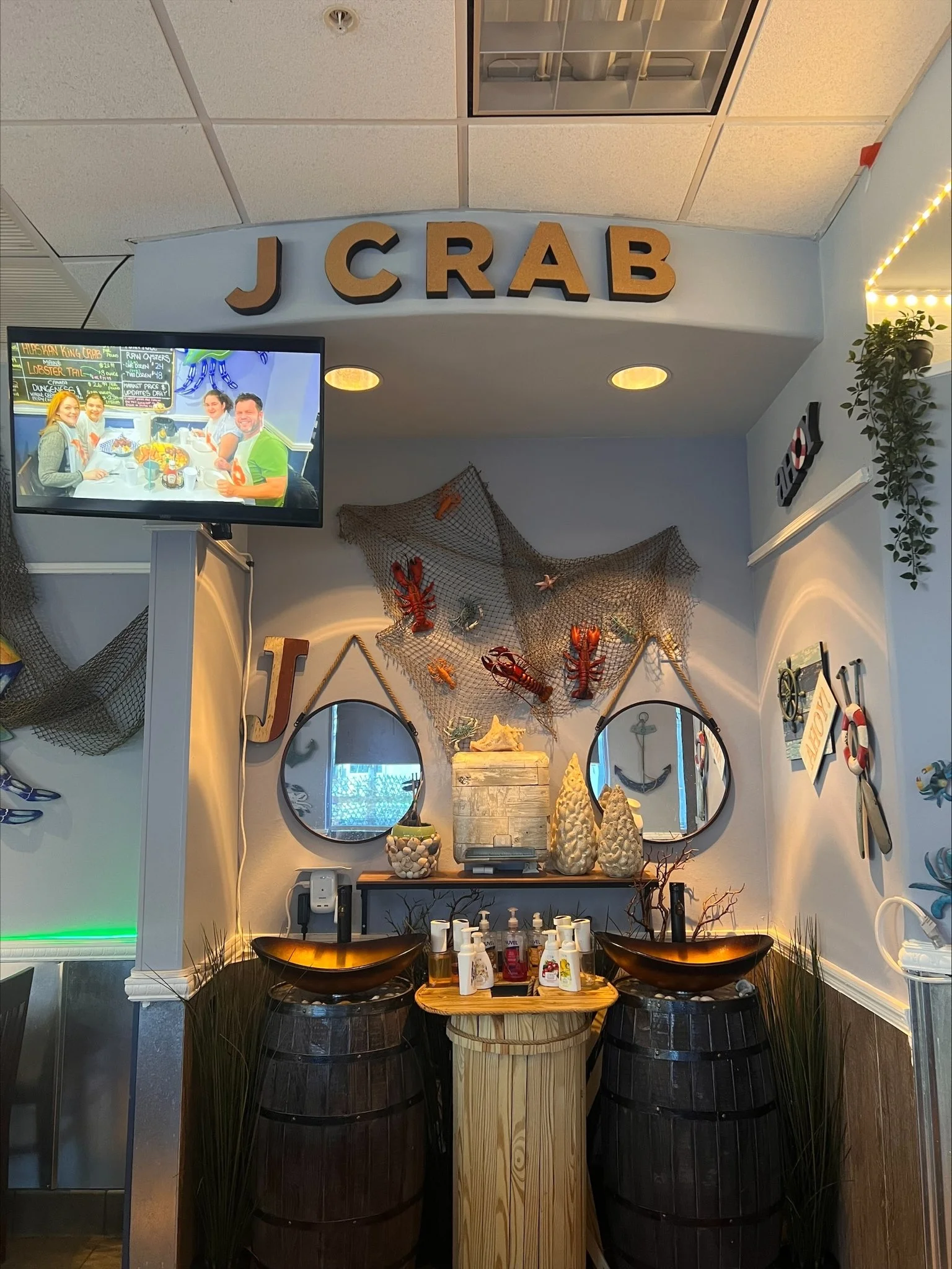 Cozy seafood restaurant entrance with nautical decor
