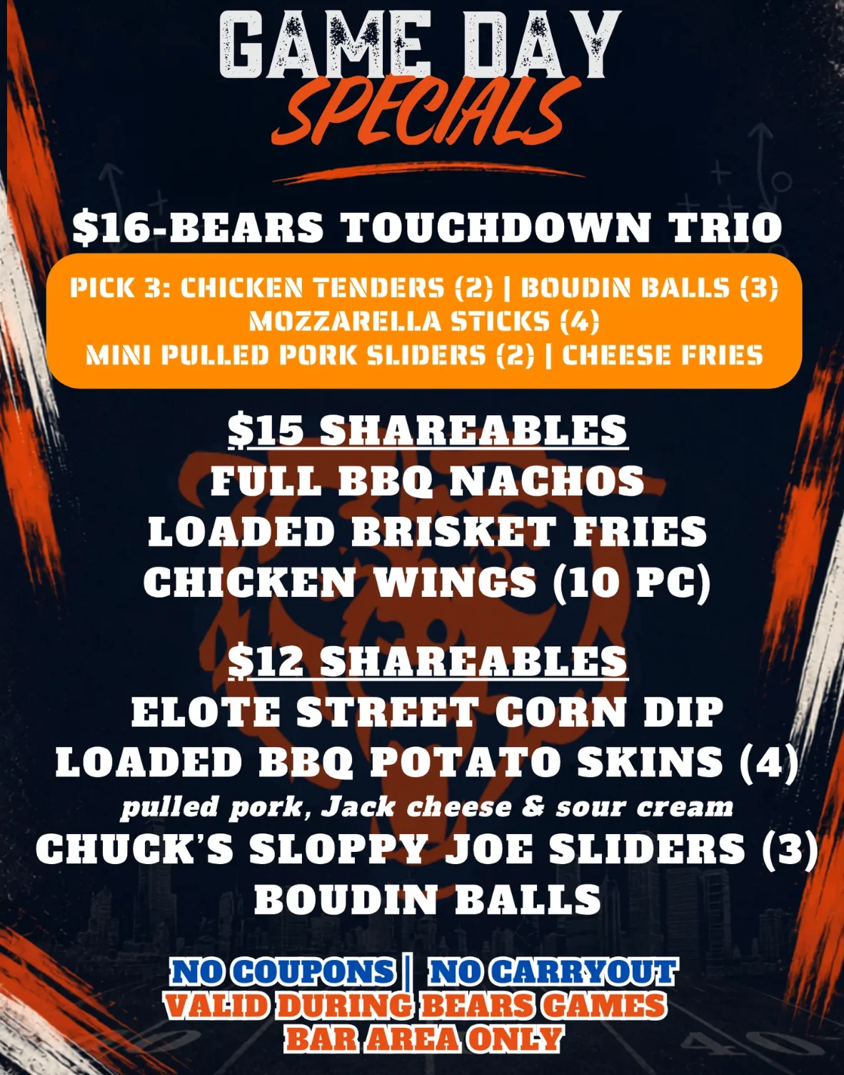 Game day food specials menu featuring shareable appetizers