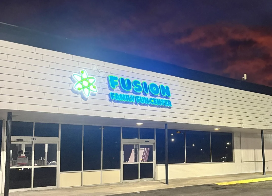 Fusion Family Fun Center exterior at dusk