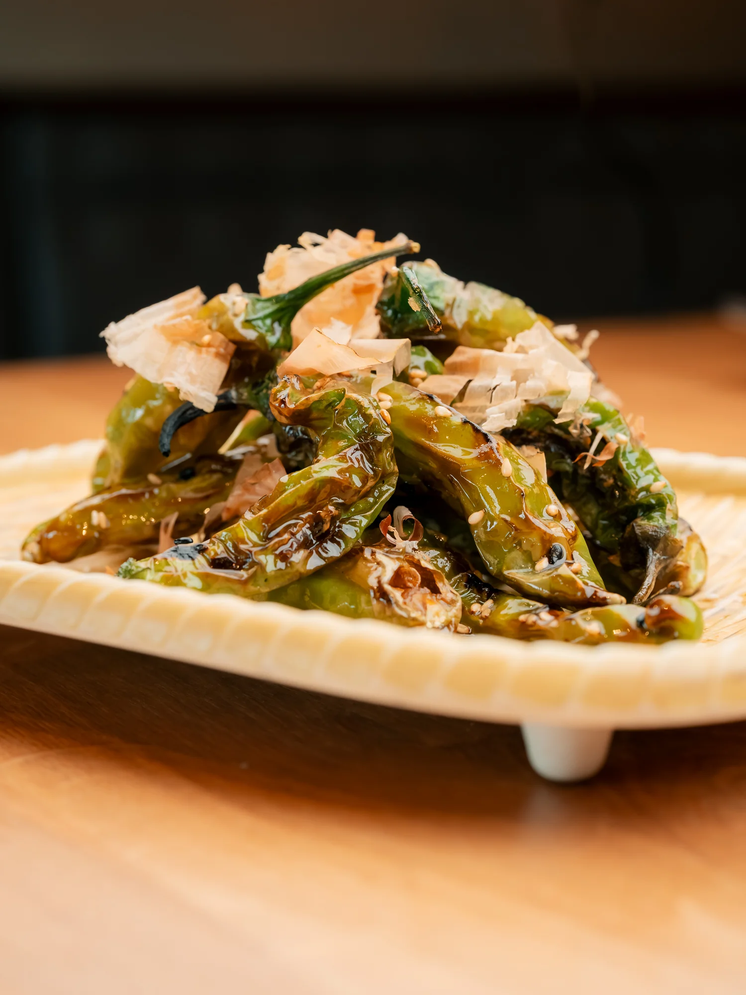 Japanese shishito peppers with bonito flakes