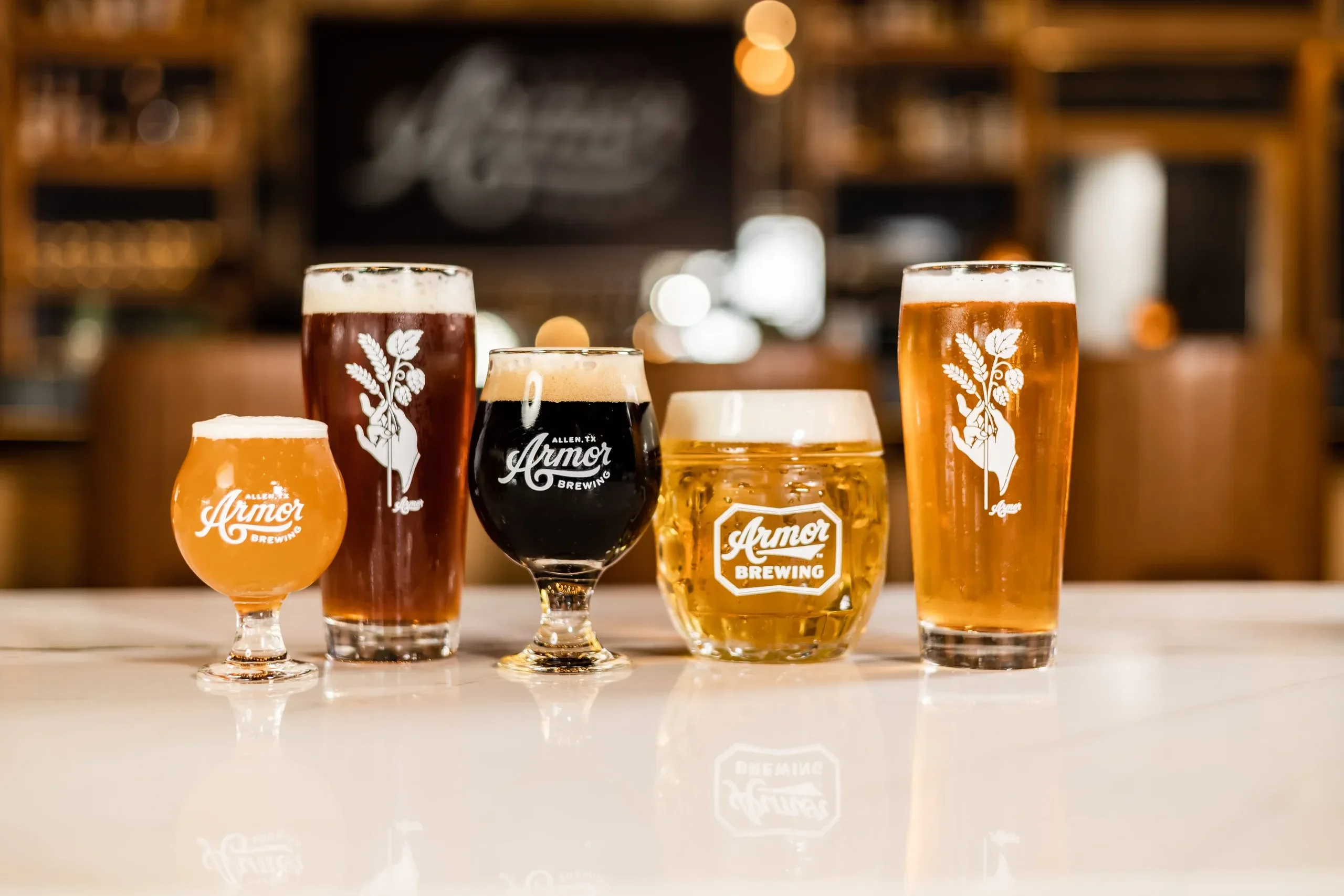 Craft beers in unique glasses at a brewery