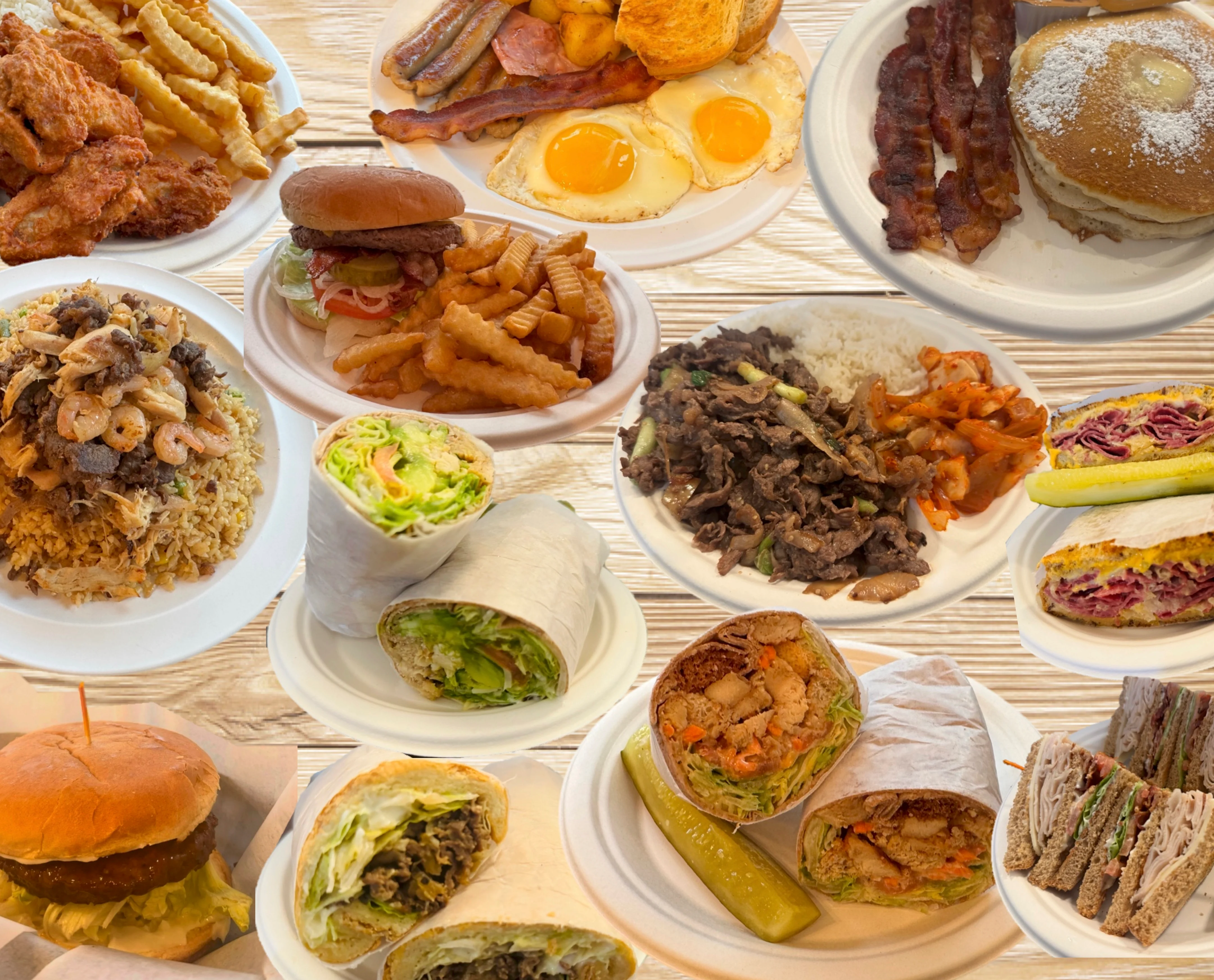 Variety of comfort food platters including burgers and fried rice