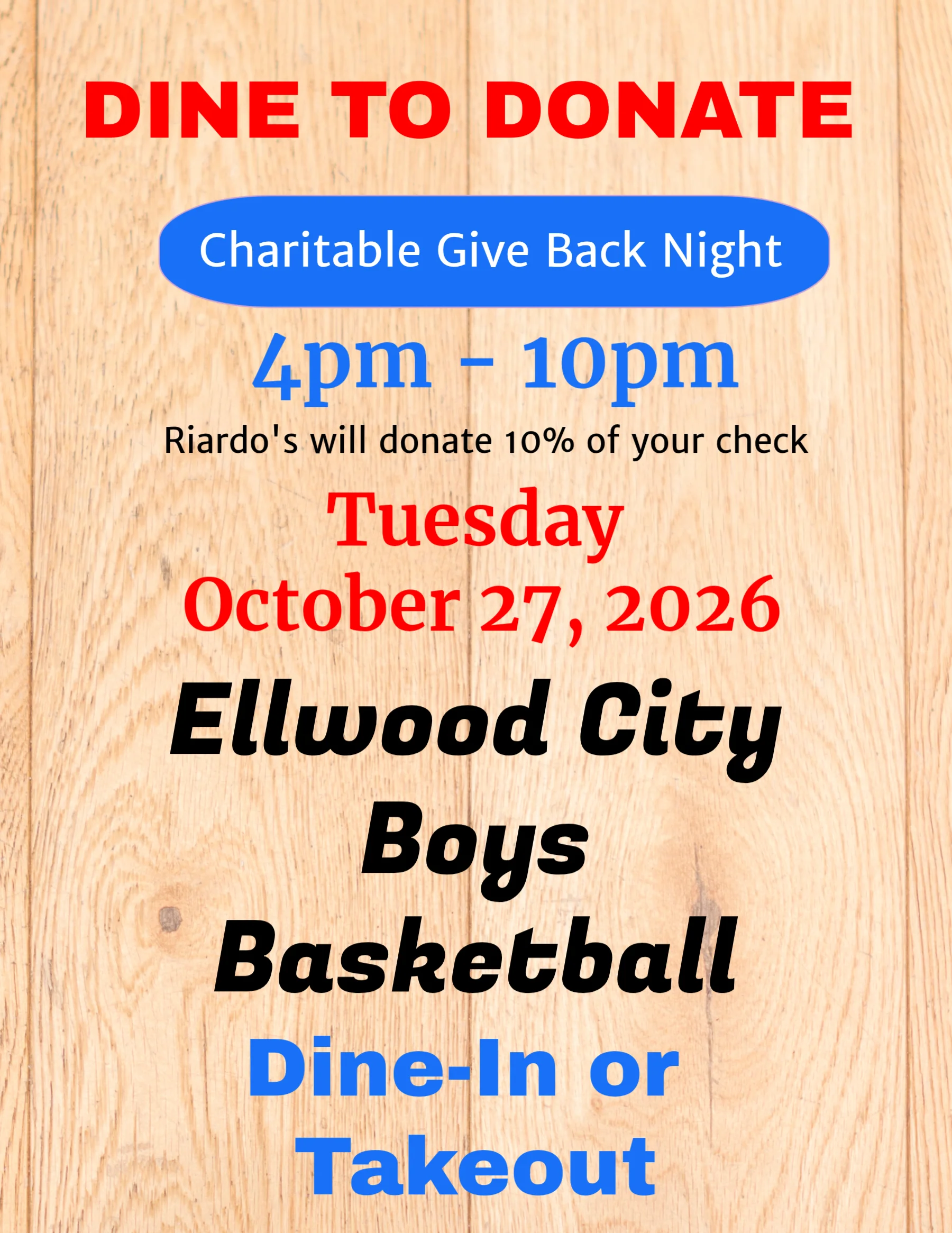 Charitable dine-to-donate event flyer with restaurant promotion and basketball theme