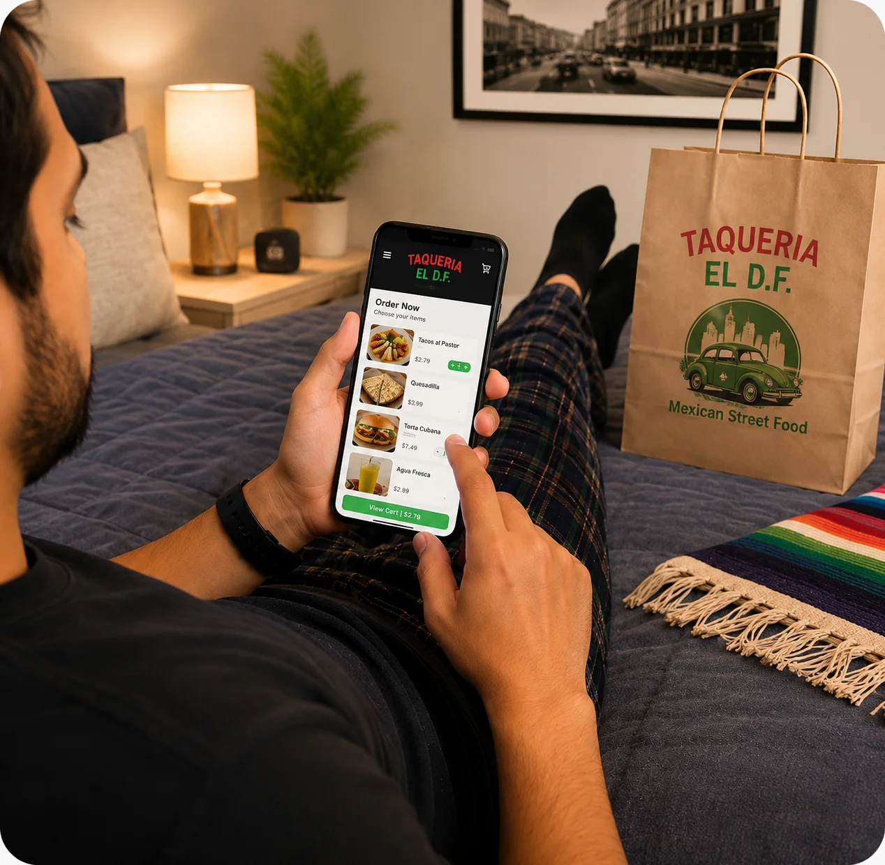 Ordering tacos from a mobile app in a cozy setting