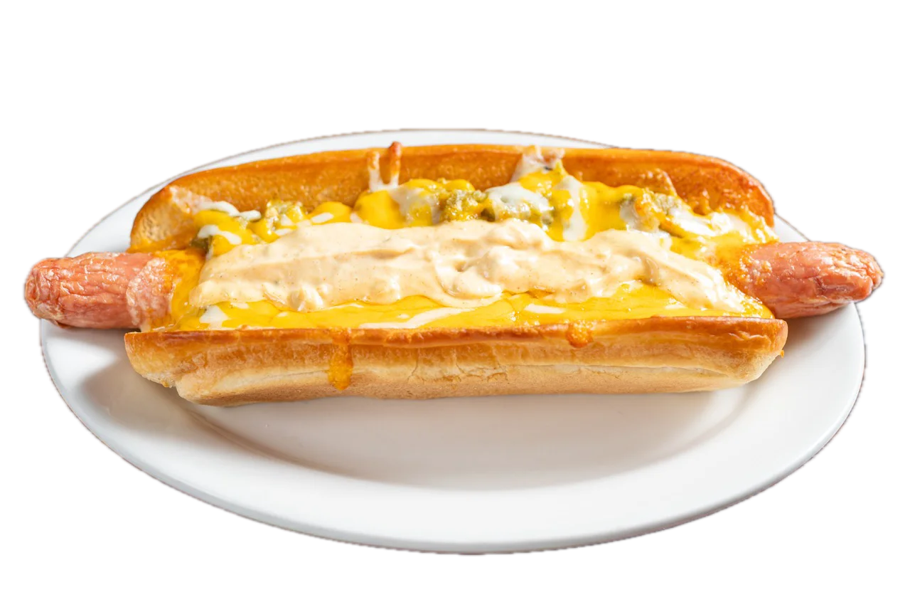 Loaded chili cheese dog on a plate