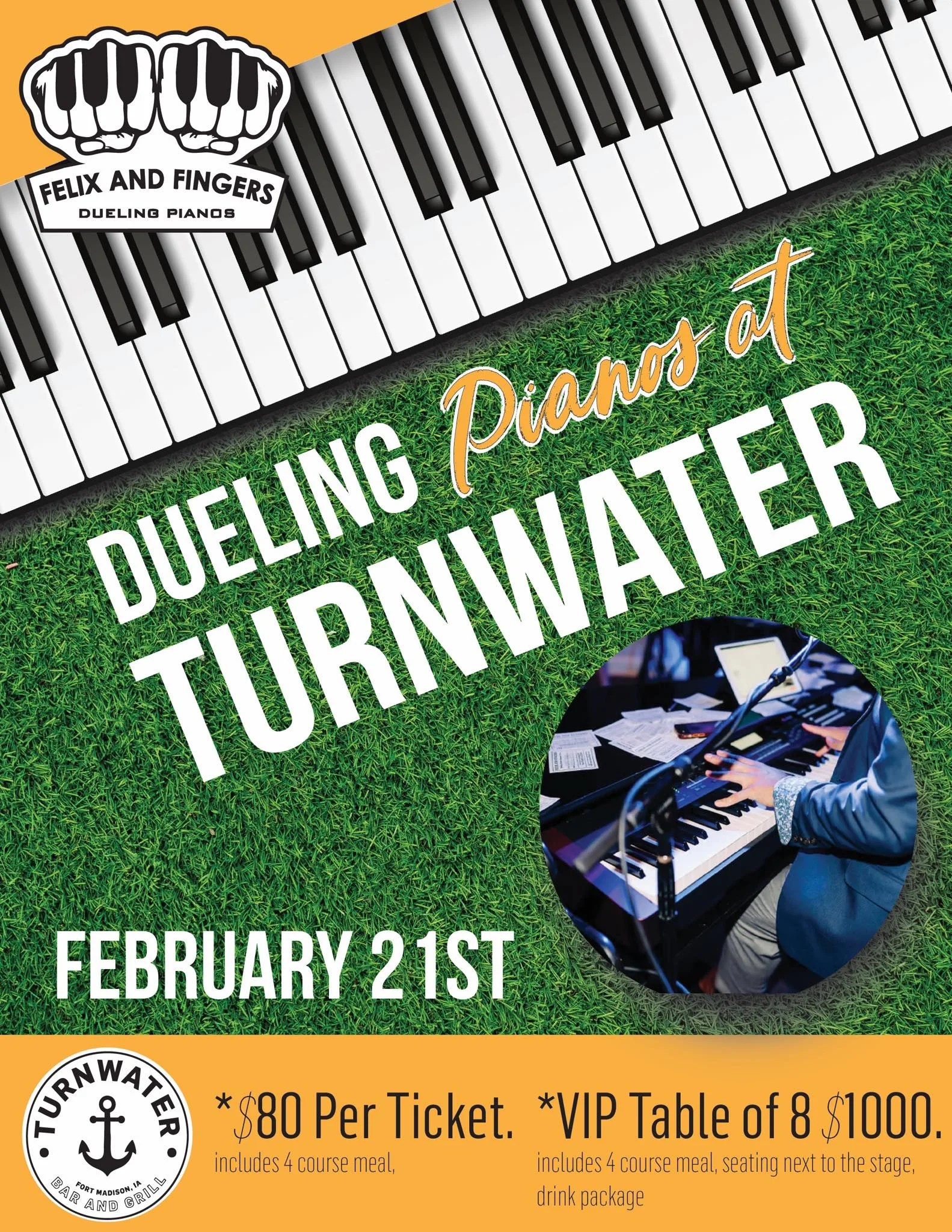 Promotional poster for Dueling Pianos event at Turnwater