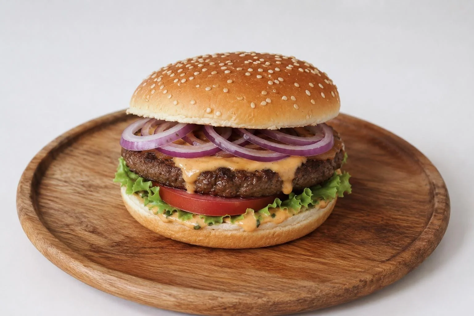 A burger with a beef patty, shredded lettuce, sliced tomatoes, and red onions drizzled with a creamy sauce, all inside a sesame seed bun on a wooden plate.