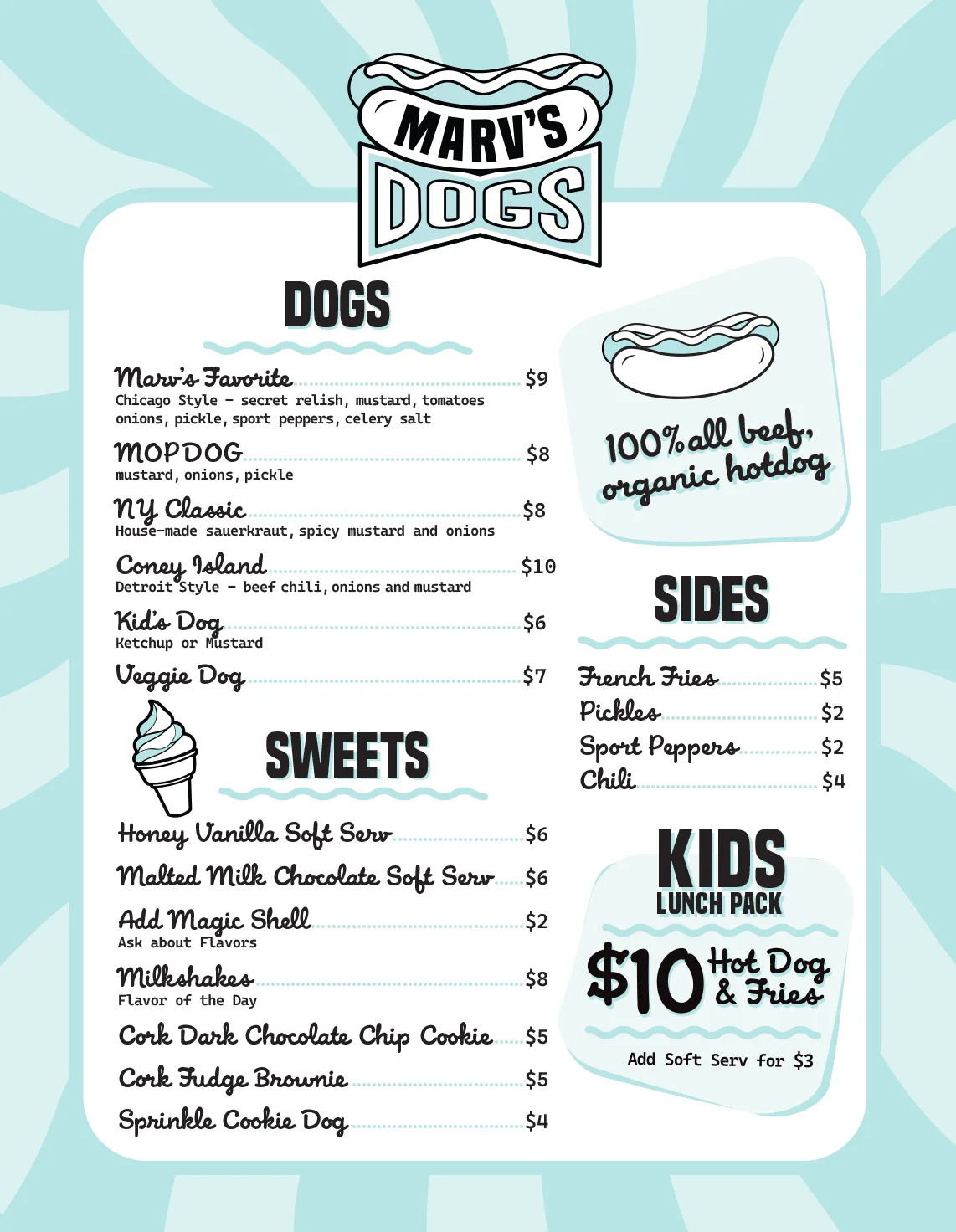 Menu for Marv's Dogs featuring hot dogs, sides, and sweets.