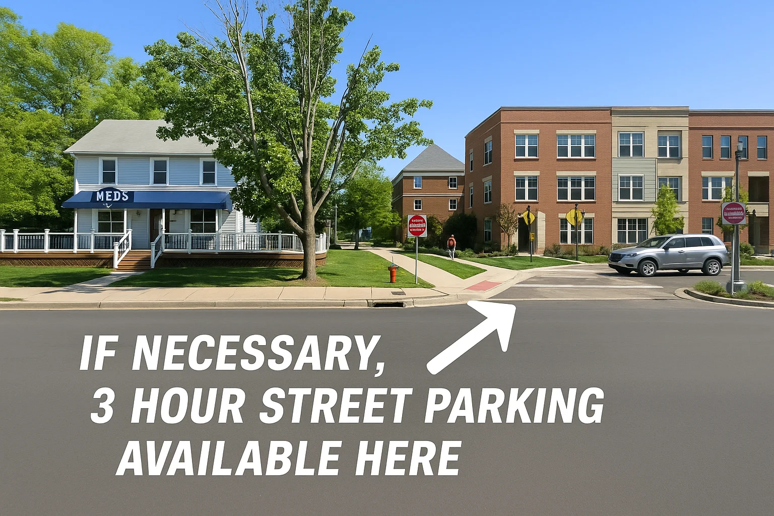 Street view with parking sign and restaurant MEDS