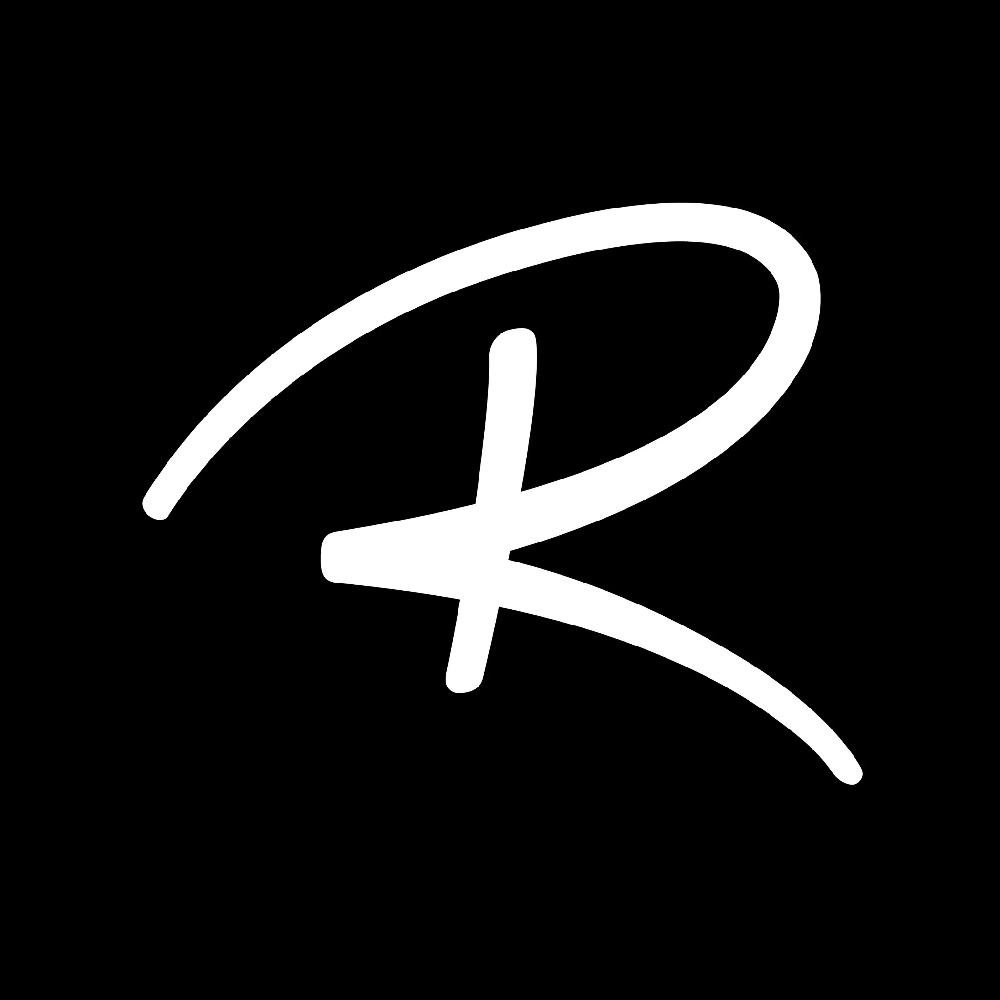 Stylized logo featuring a cursive letter R on a black background