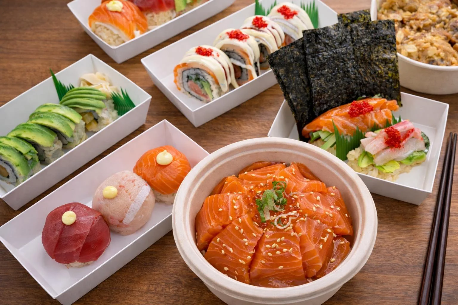 An assortment of sushi and sashimi, featuring salmon, tuna, and avocado rolls, served in various boxes and bowls on a wooden table.