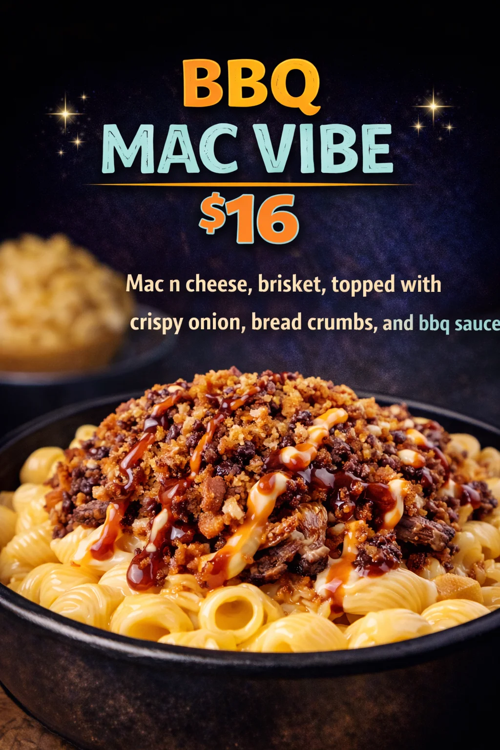 A bowl of BBQ mac and cheese featuring pasta topped with brisket, crispy onions, breadcrumbs, and drizzled with BBQ sauce.