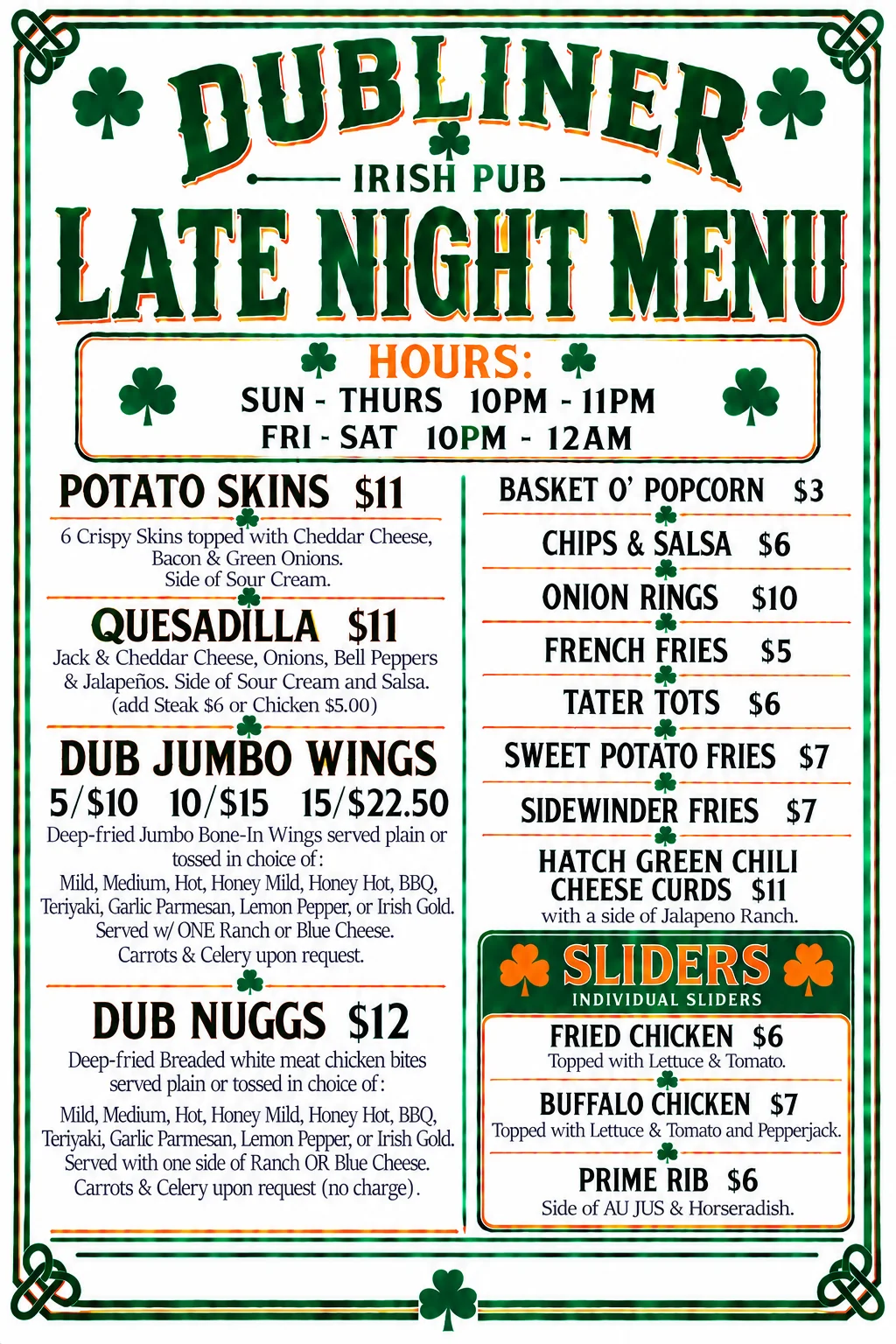 Irish pub late night menu featuring appetizers and sliders