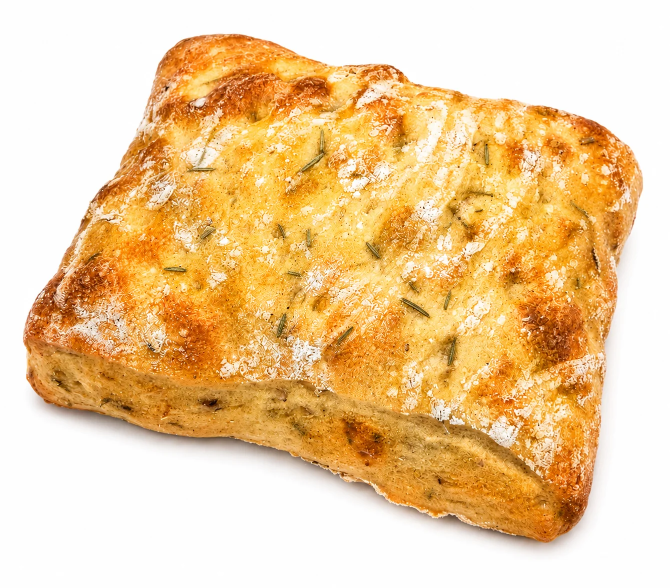 A square piece of freshly baked ciabatta bread.