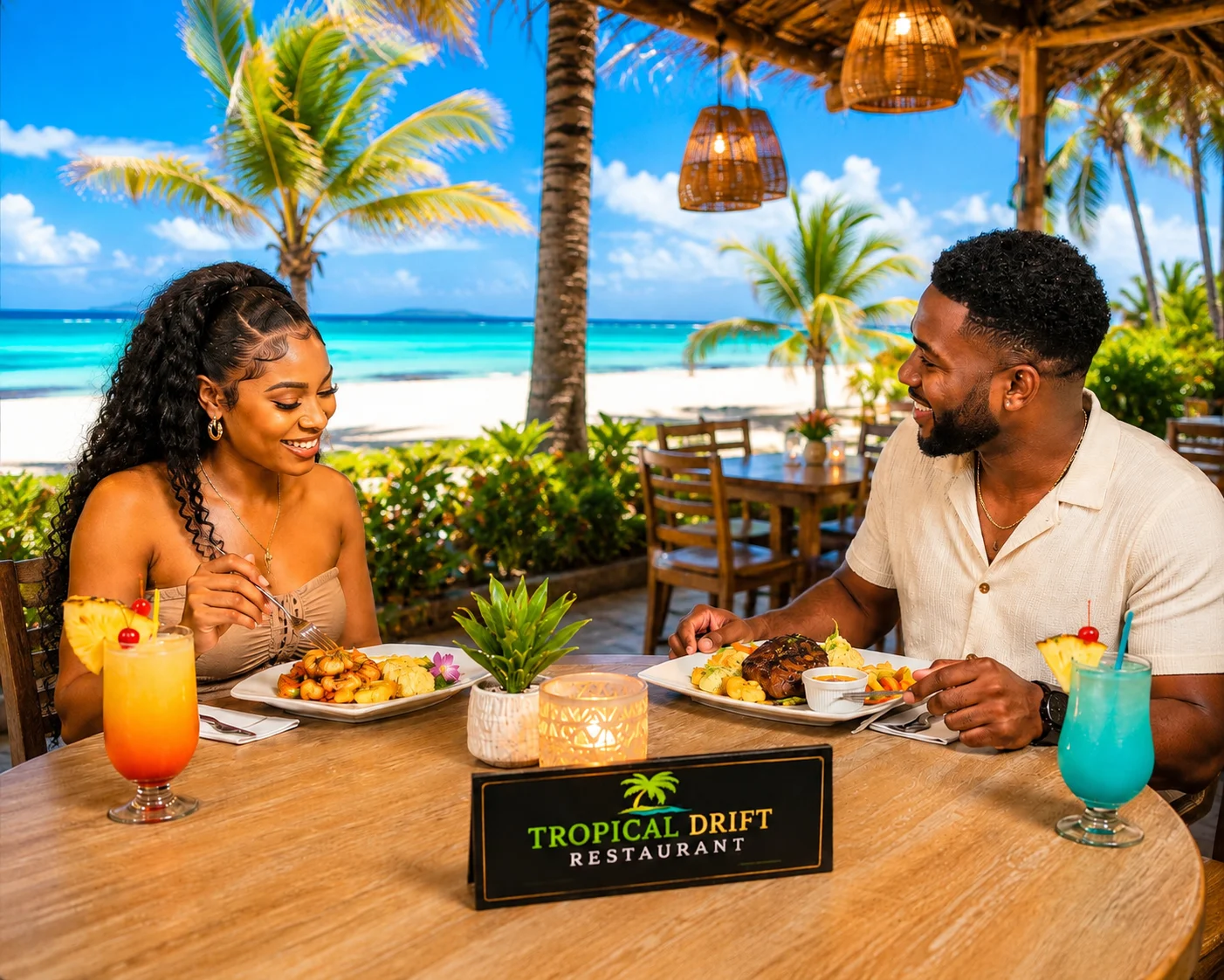 Couple enjoying Caribbean seafood dishes at a beachside restaurant
