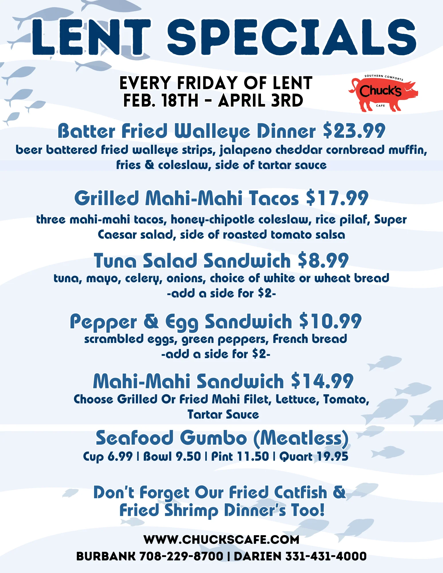 Lent specials menu featuring seafood dishes at a Southern cafe