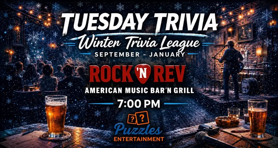 Tuesday trivia night event poster with live music bar scene and beer