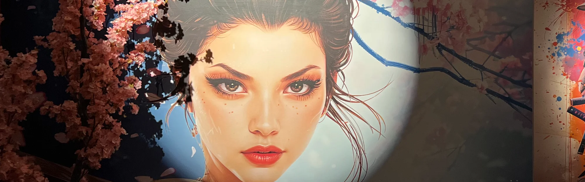 Artistic mural featuring a woman's face with cherry blossoms