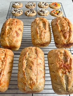 Freshly baked blueberry crumb cake loaves