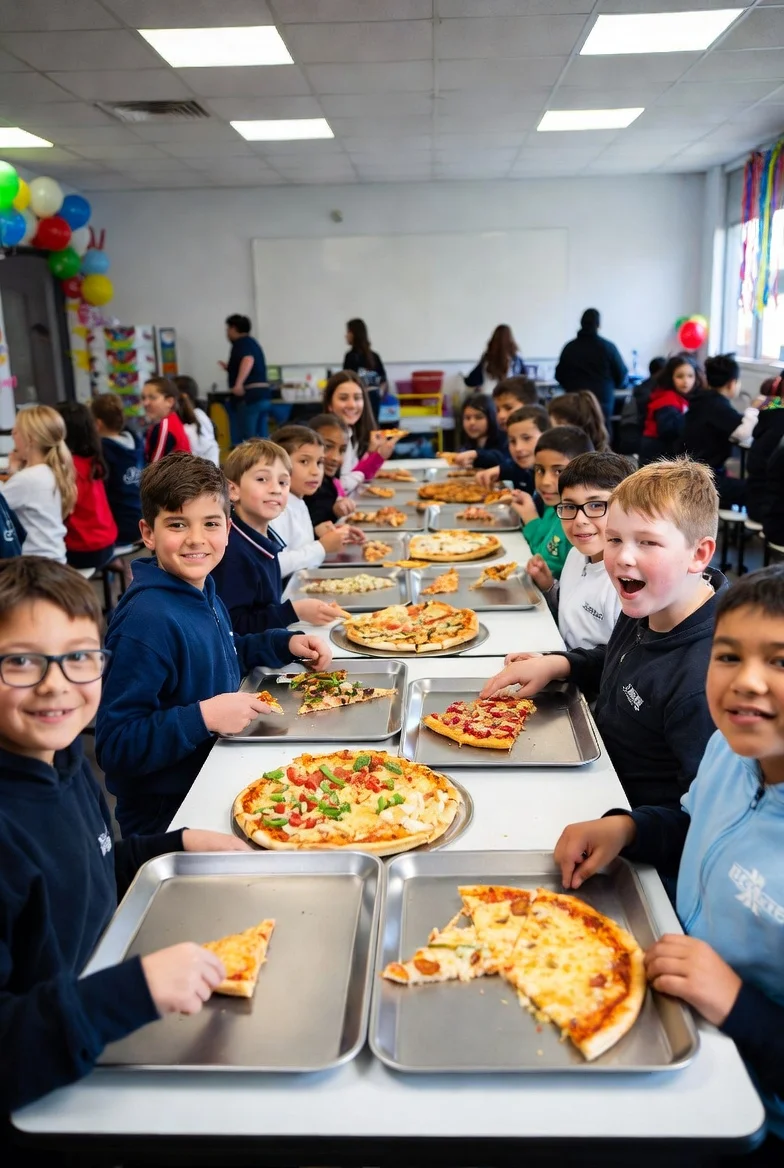 School pizza party with kids enjoying cheese and veggie slices catered by Tommy’s Pizza in South Richmond Hill, Queens NY