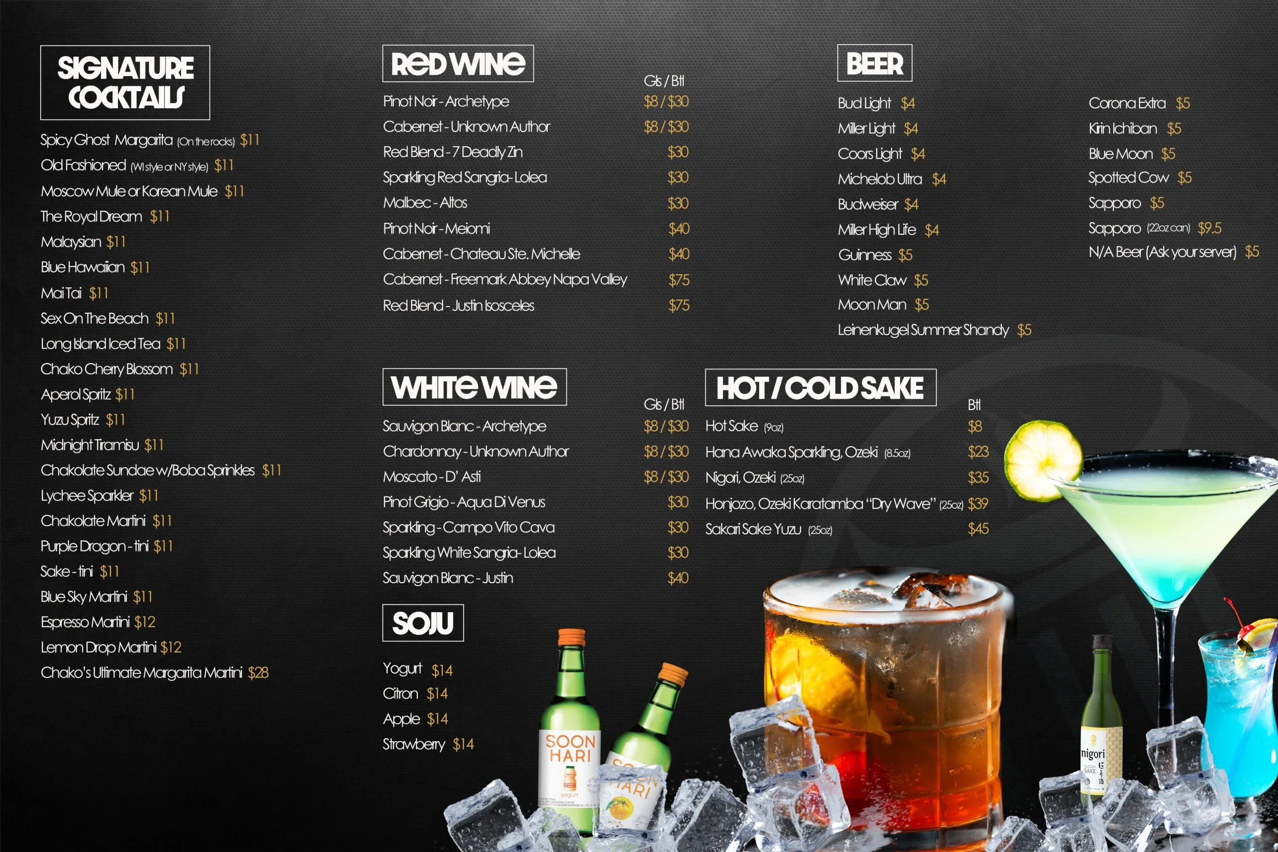 Drink menu featuring cocktails, wines, beers, and soju options.