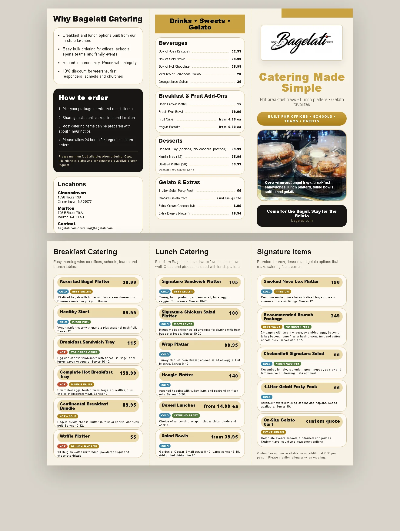 Bagelati catering menu — breakfast, lunch, dessert and Italian gelato platters with prices for offices, schools and events in Cinnaminson and Marlton NJ