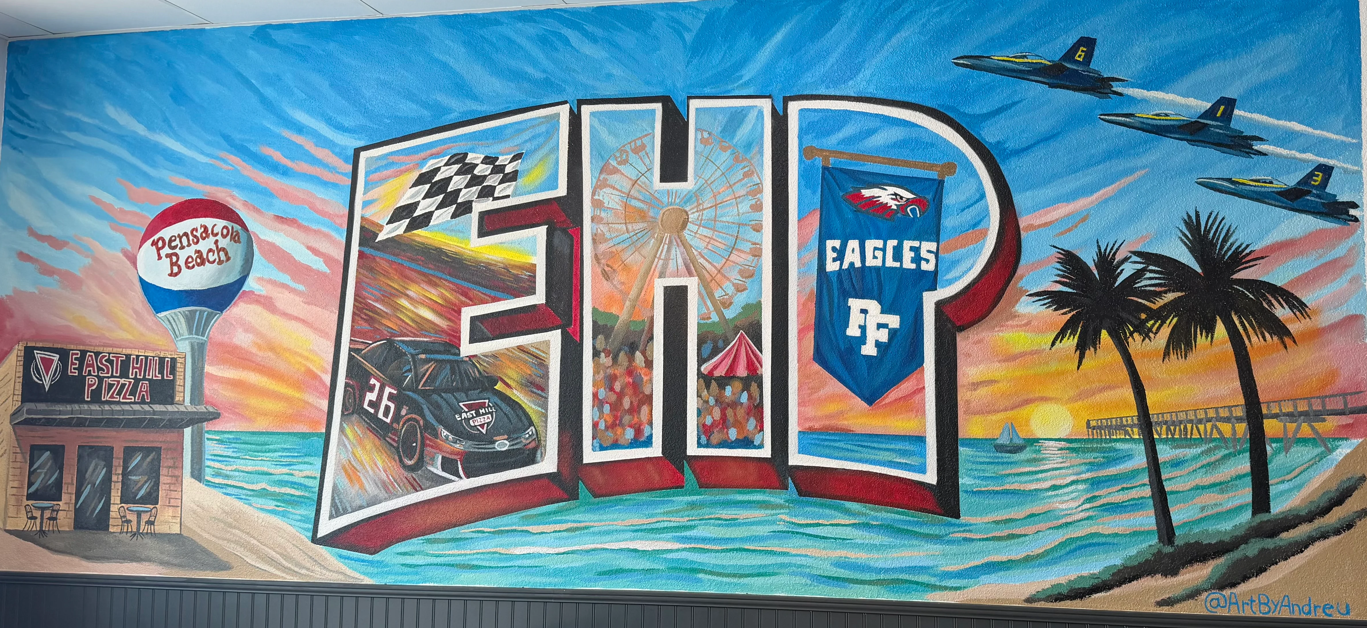 Colorful mural depicting Pensacola Beach and local culture in a restaurant setting