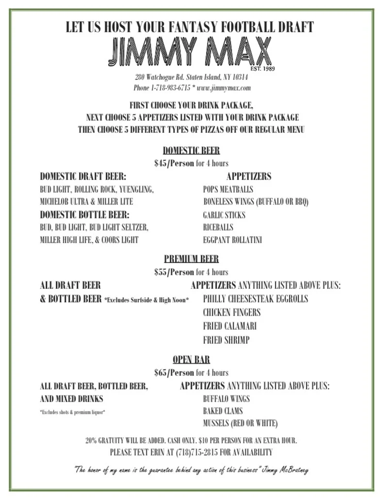 Fantasy football draft menu at Jimmy Max restaurant