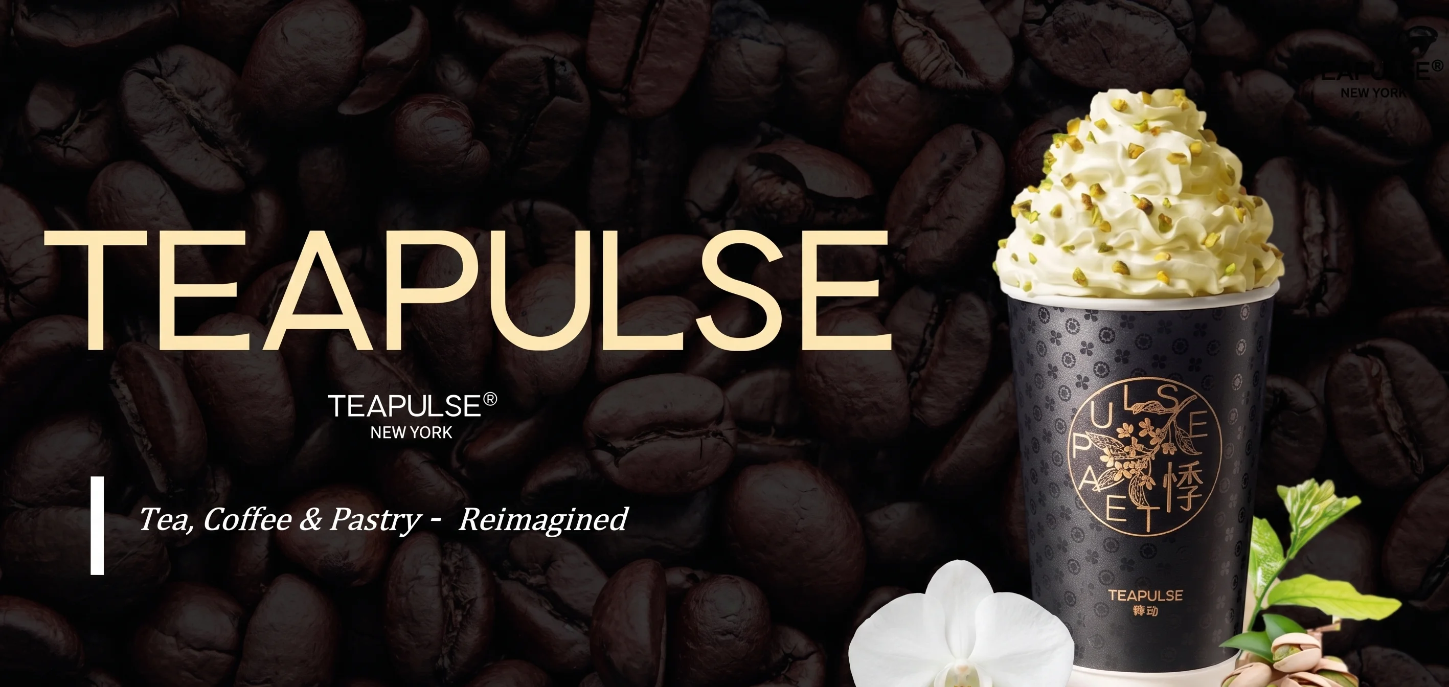 Artisan coffee beverage topped with whipped cream and pistachios
