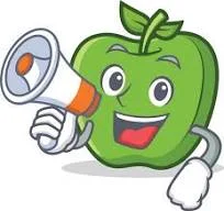 Cheerful cartoon green apple character with a megaphone