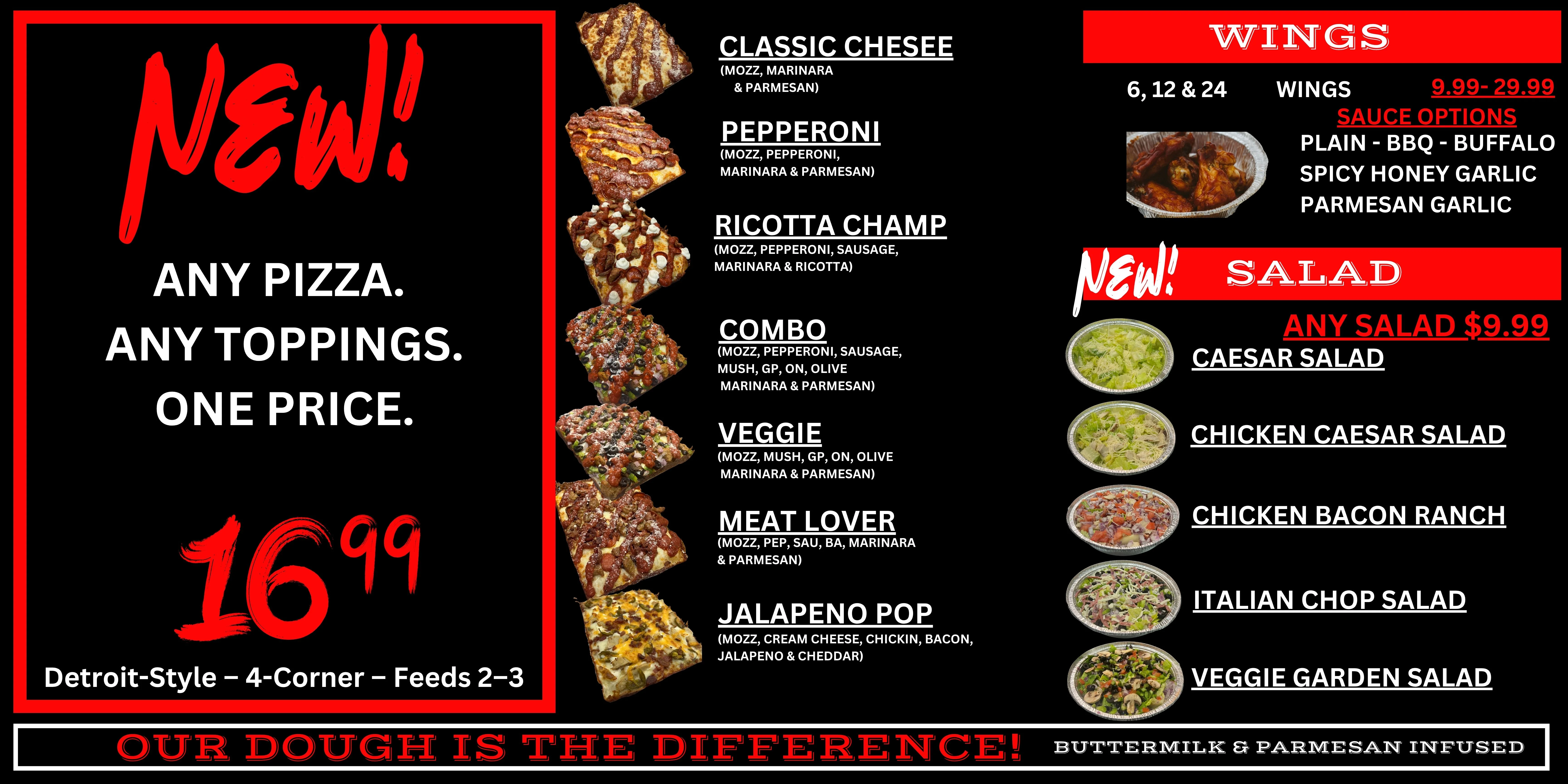 Detroit-style pizza with various toppings and wings on a menu