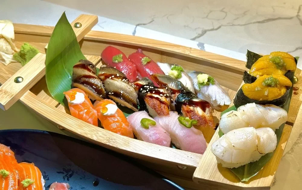 Assorted sushi platter featuring nigiri and sashimi