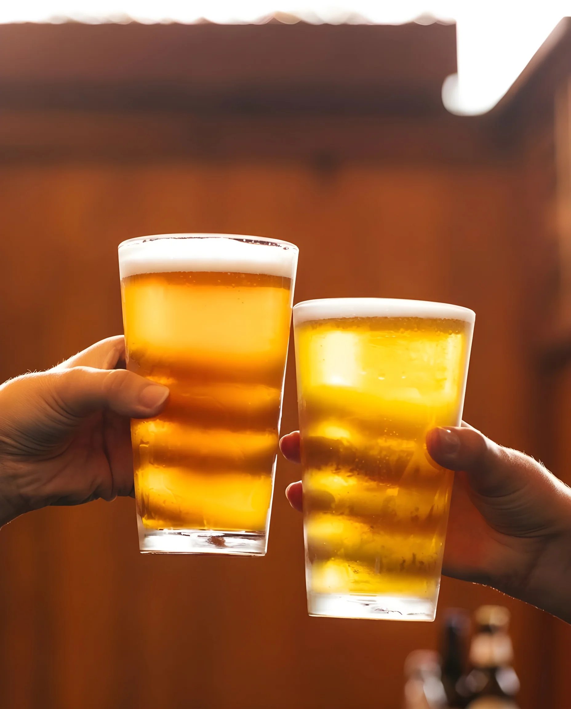 Two glasses of beer clinking together in celebration.