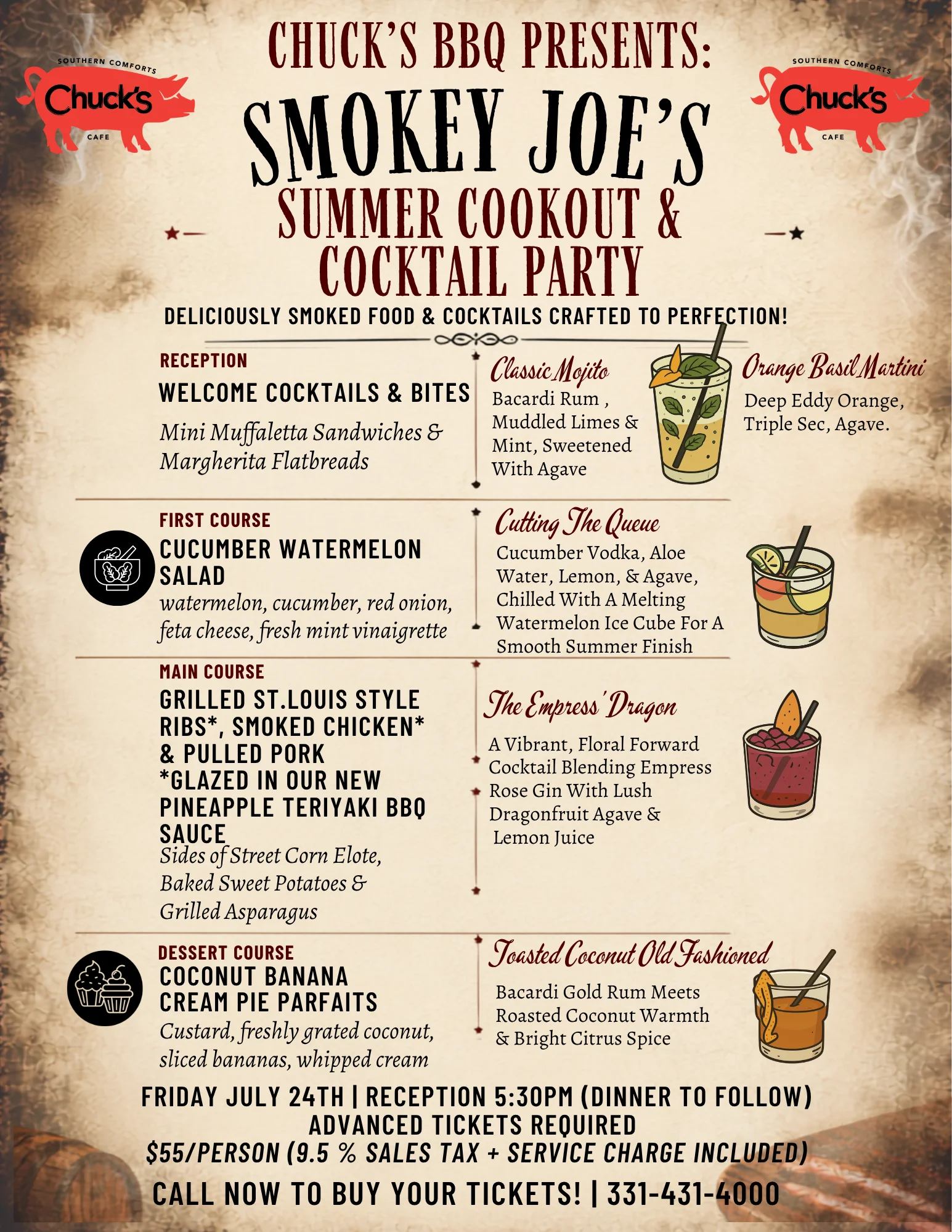 Summer cookout menu featuring Southern BBQ dishes and cocktails