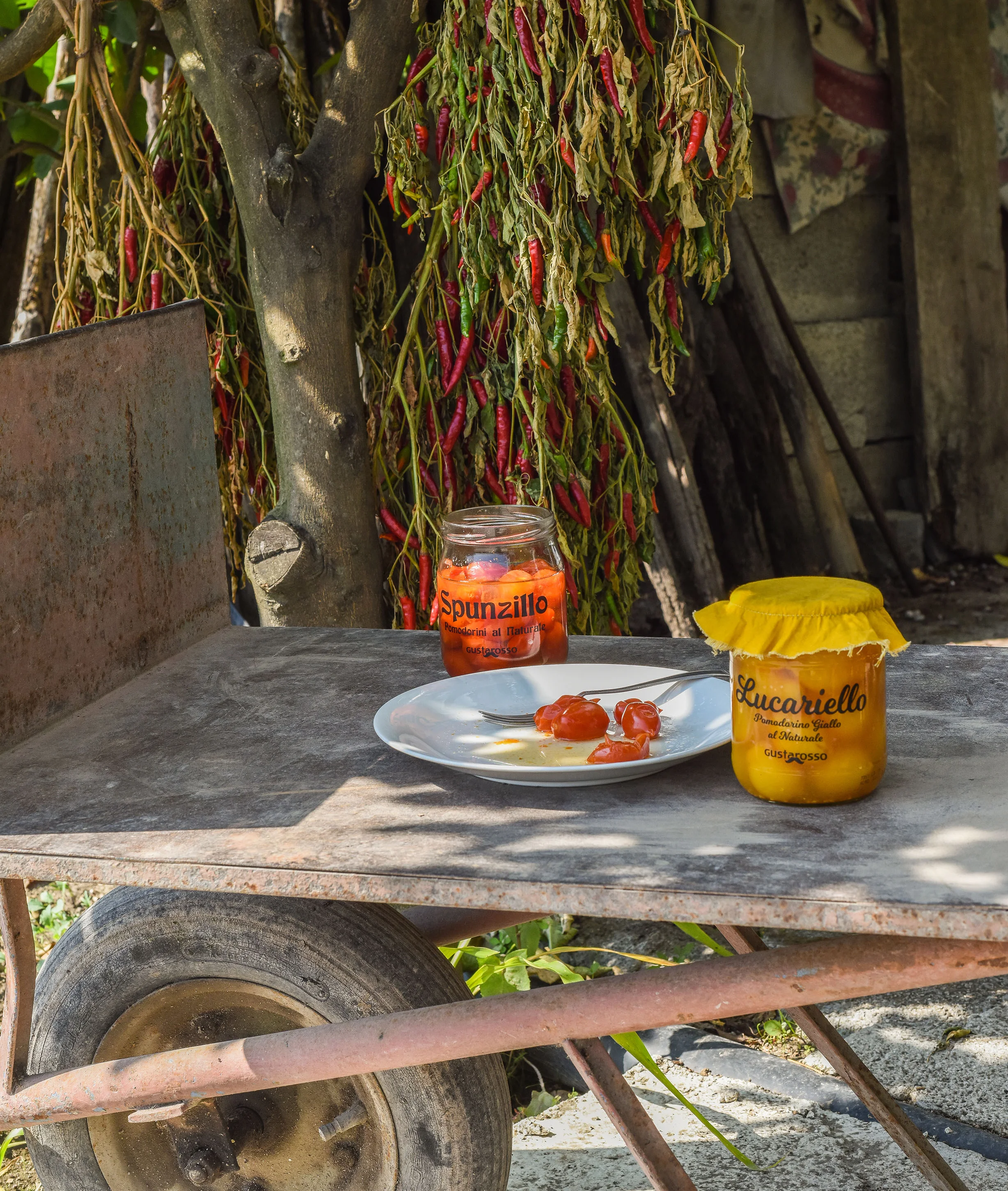 Rustic Italian garden table with hanging dried chilies and preserved tomatoes
