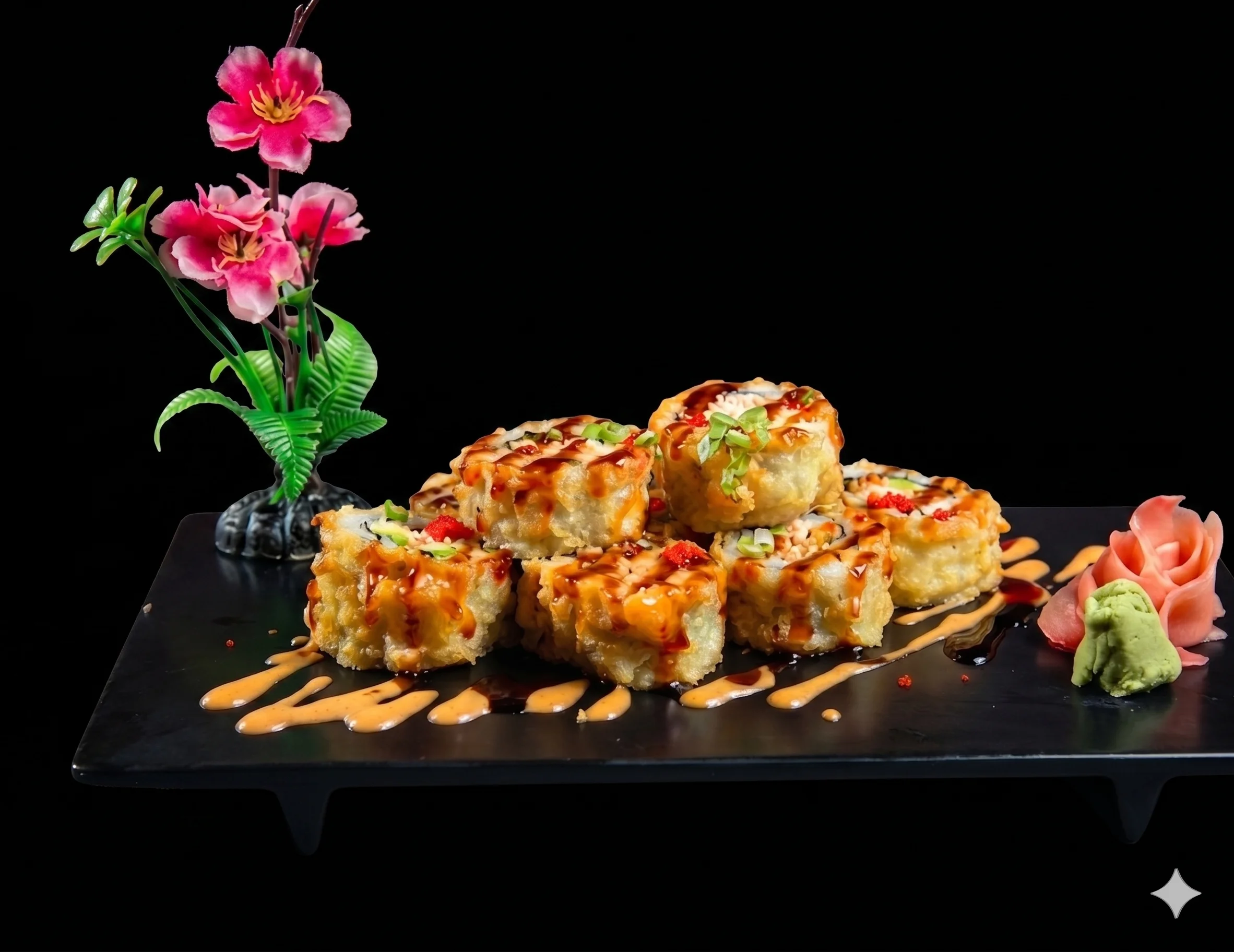 Colorful seafood salad with vegetables on a black plate