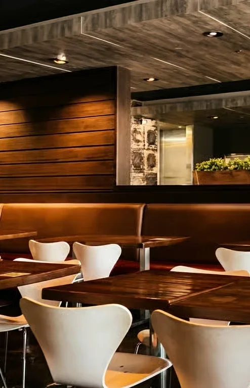 Cozy restaurant interior with modern decor and warm lighting