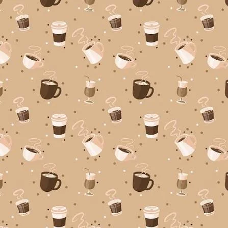 Pattern of various coffee cups and drinks on a beige background