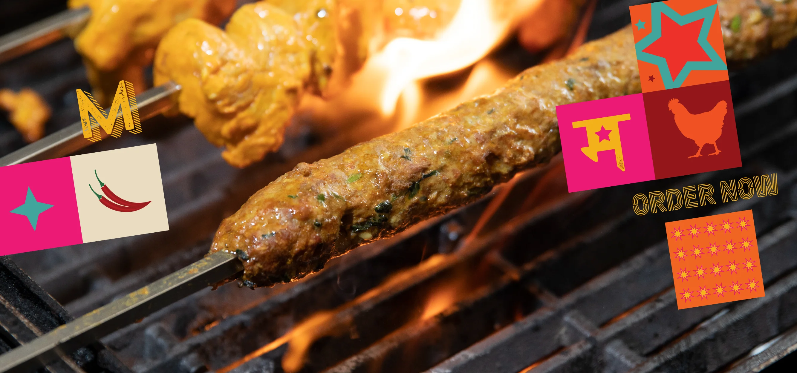 Grilled kebabs over an open flame