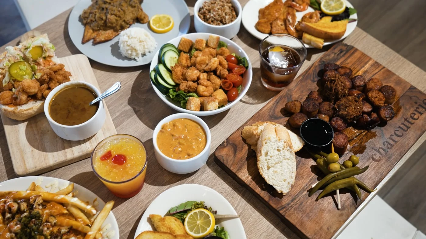Southern seafood platter with fried shrimp and gumbo