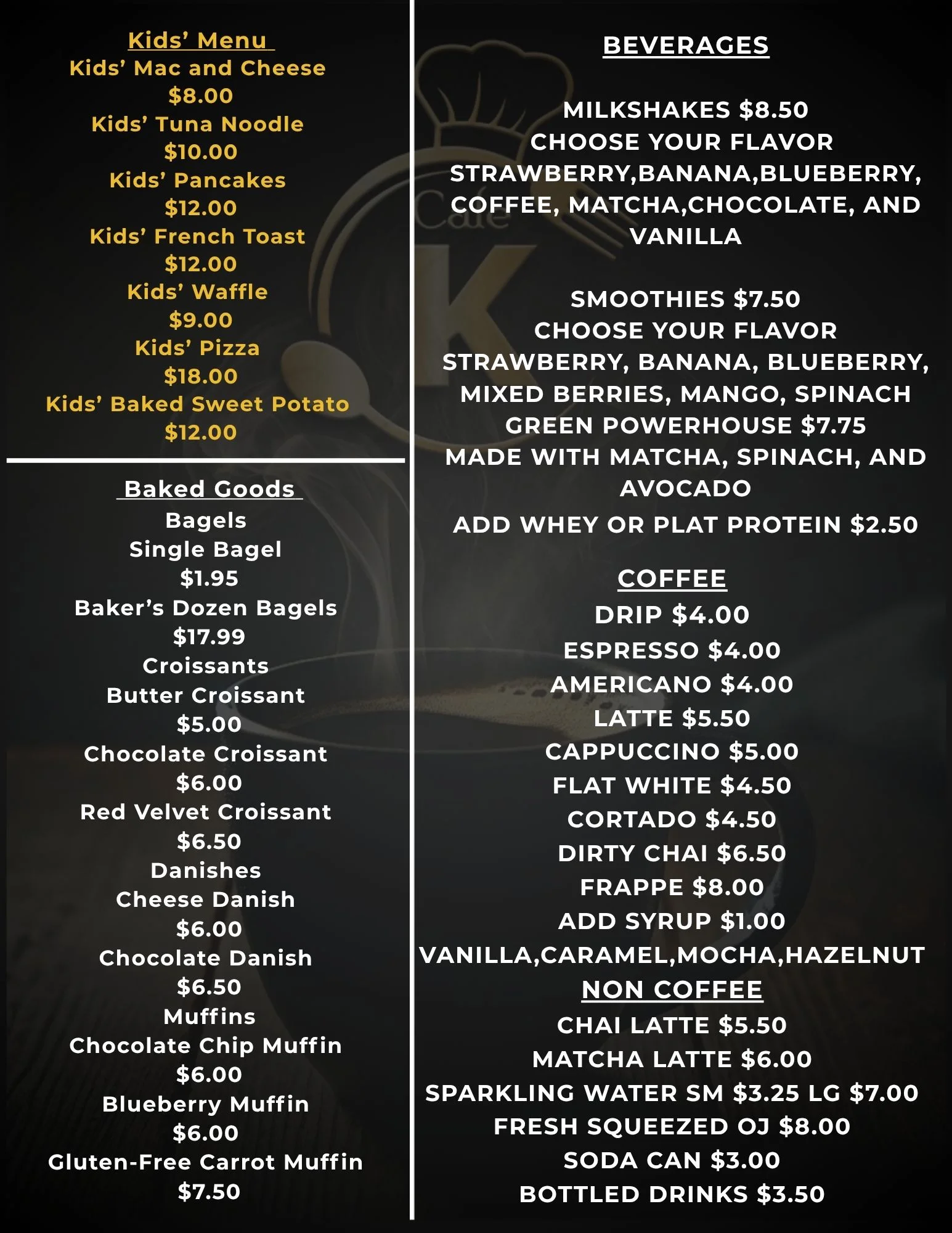 Restaurant menu board featuring kids' meals, baked goods, beverages, and coffee
