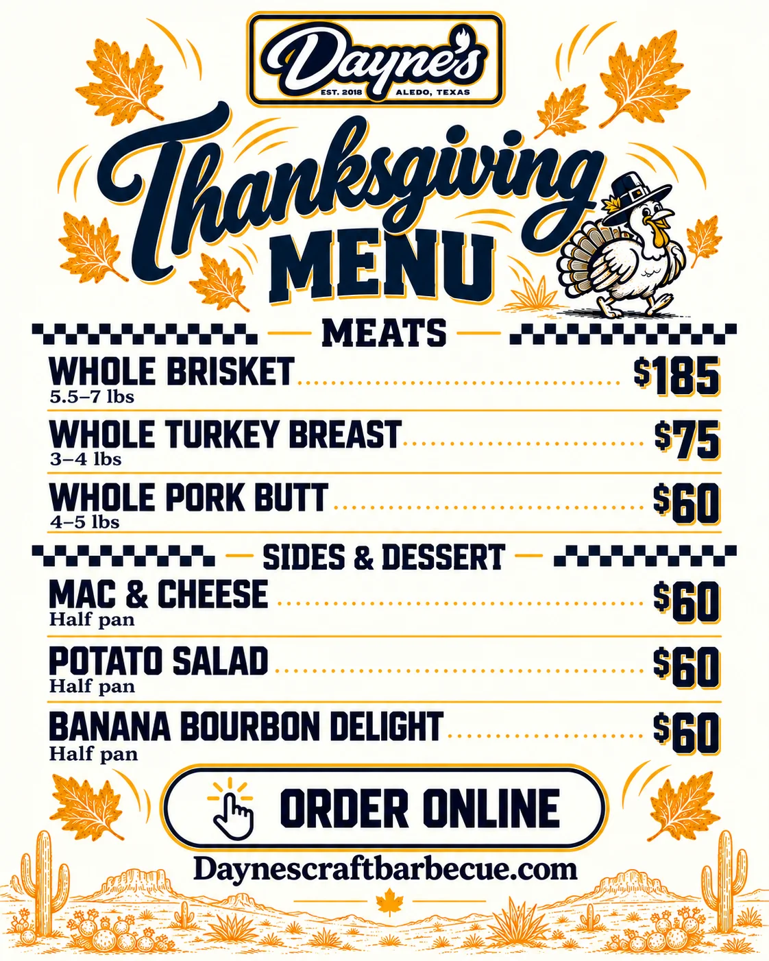 Thanksgiving menu graphic with turkey illustration and autumn leaves