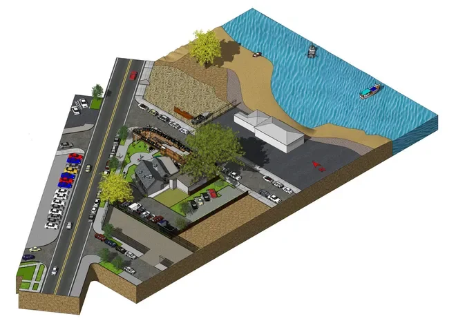Architectural layout of a waterfront restaurant and parking area