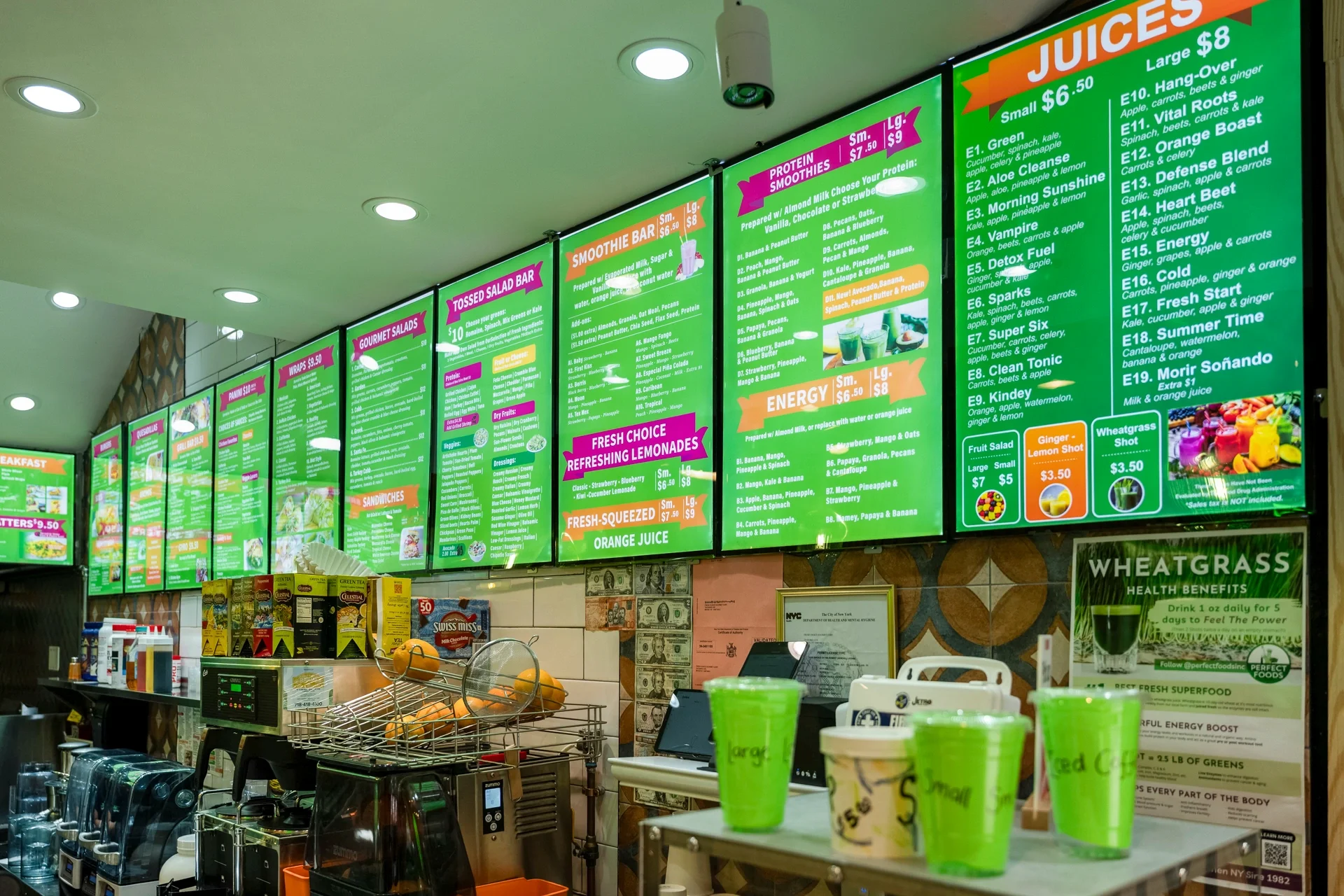 Colorful juice and smoothie menu in a vibrant cafe