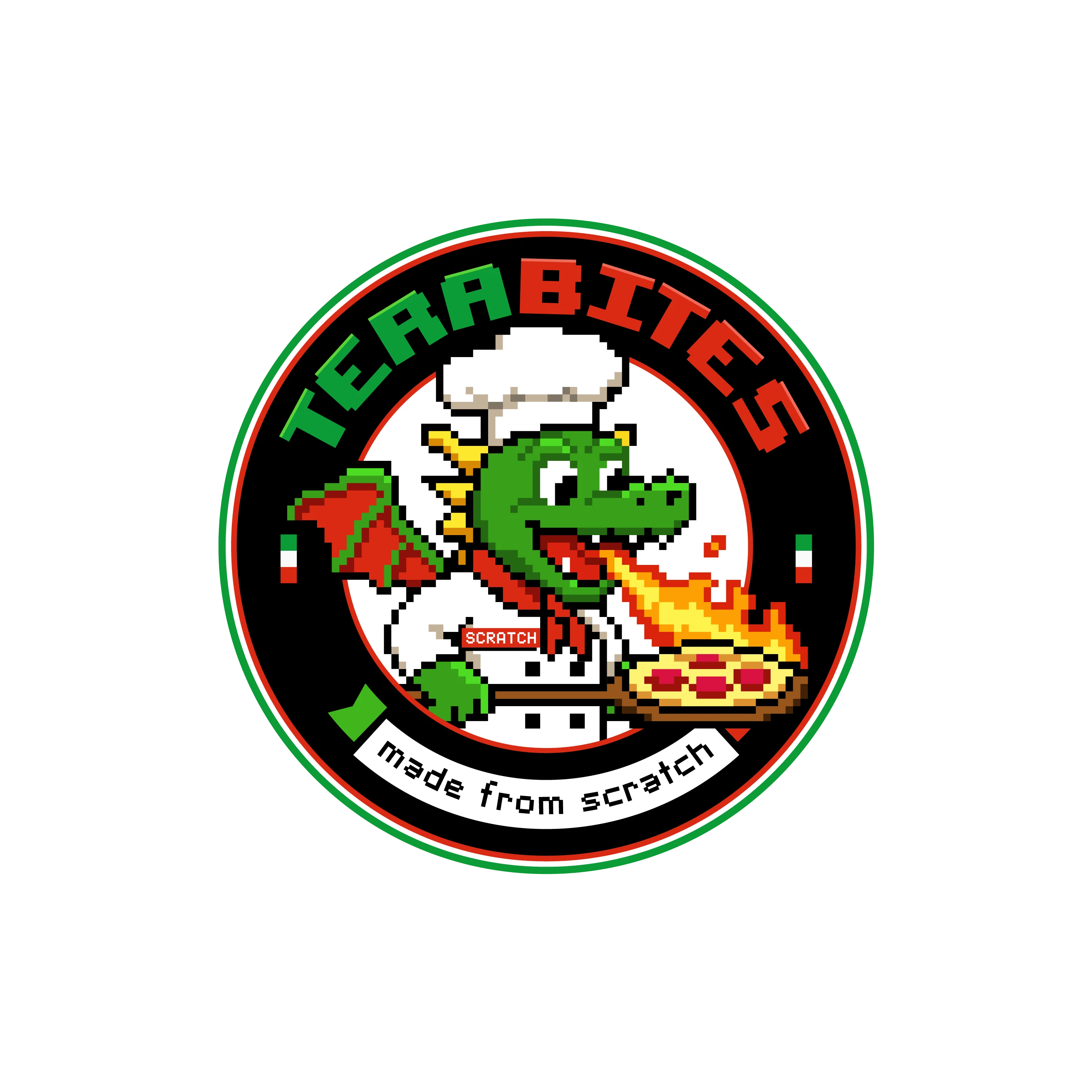 A playful logo featuring a pixelated dragon chef holding a pizza, surrounded by the text 'TERABITES' and 'made from scratch'. The dragon is bright green with a chef's hat and a red scarf.