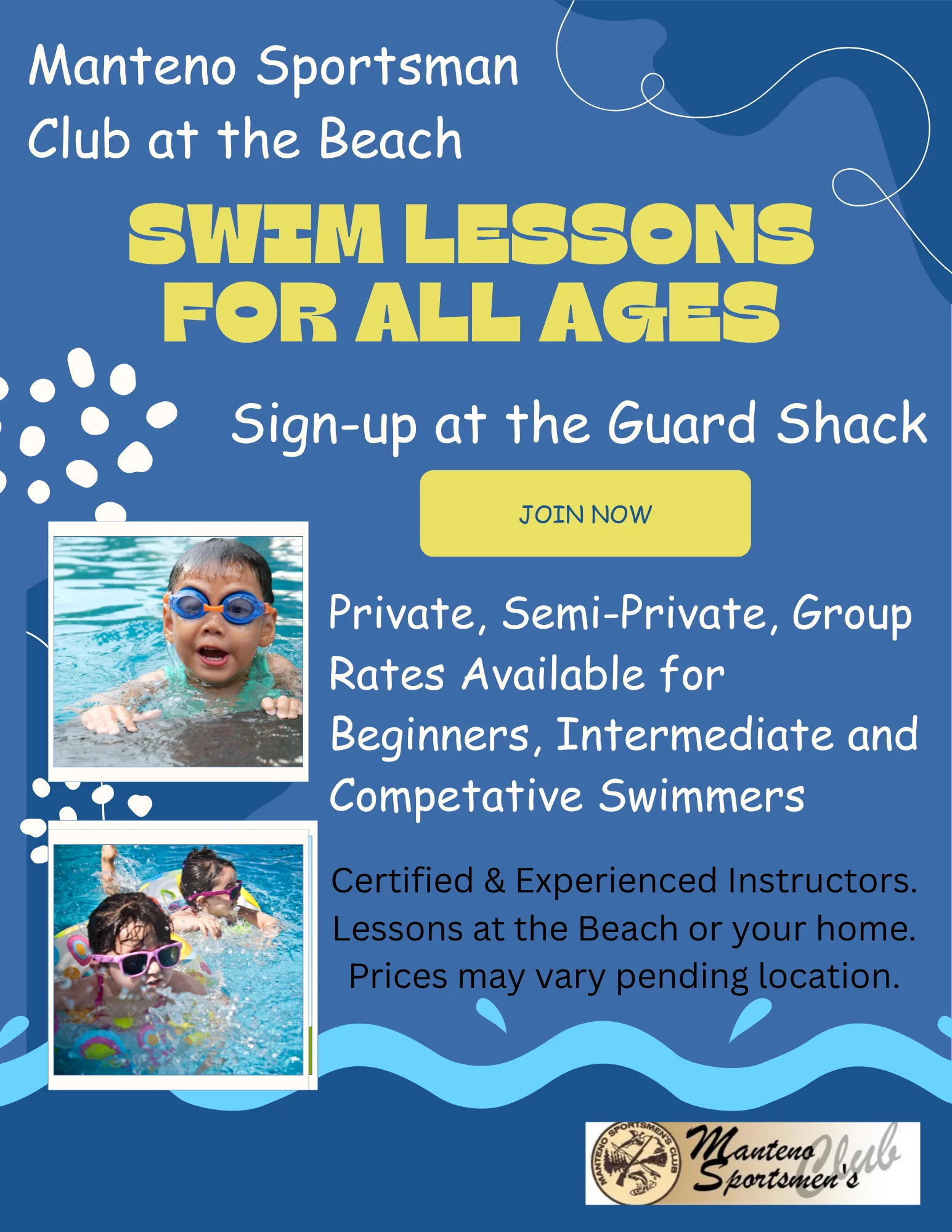 Swim lessons for all ages at Manteno Sportsman Club with children in the pool.