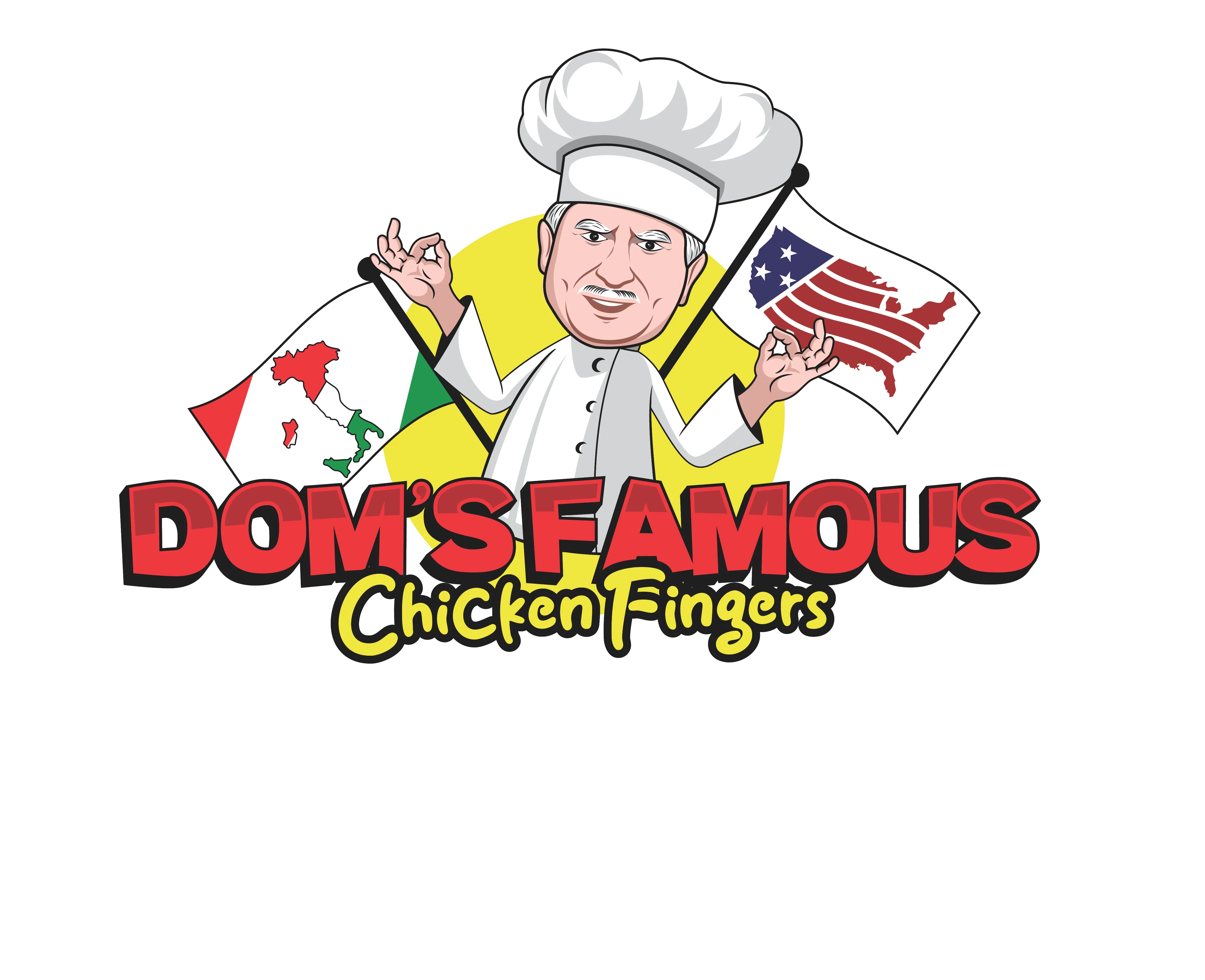 Cartoon chef with flags representing Italy and the USA for a chicken fingers brand