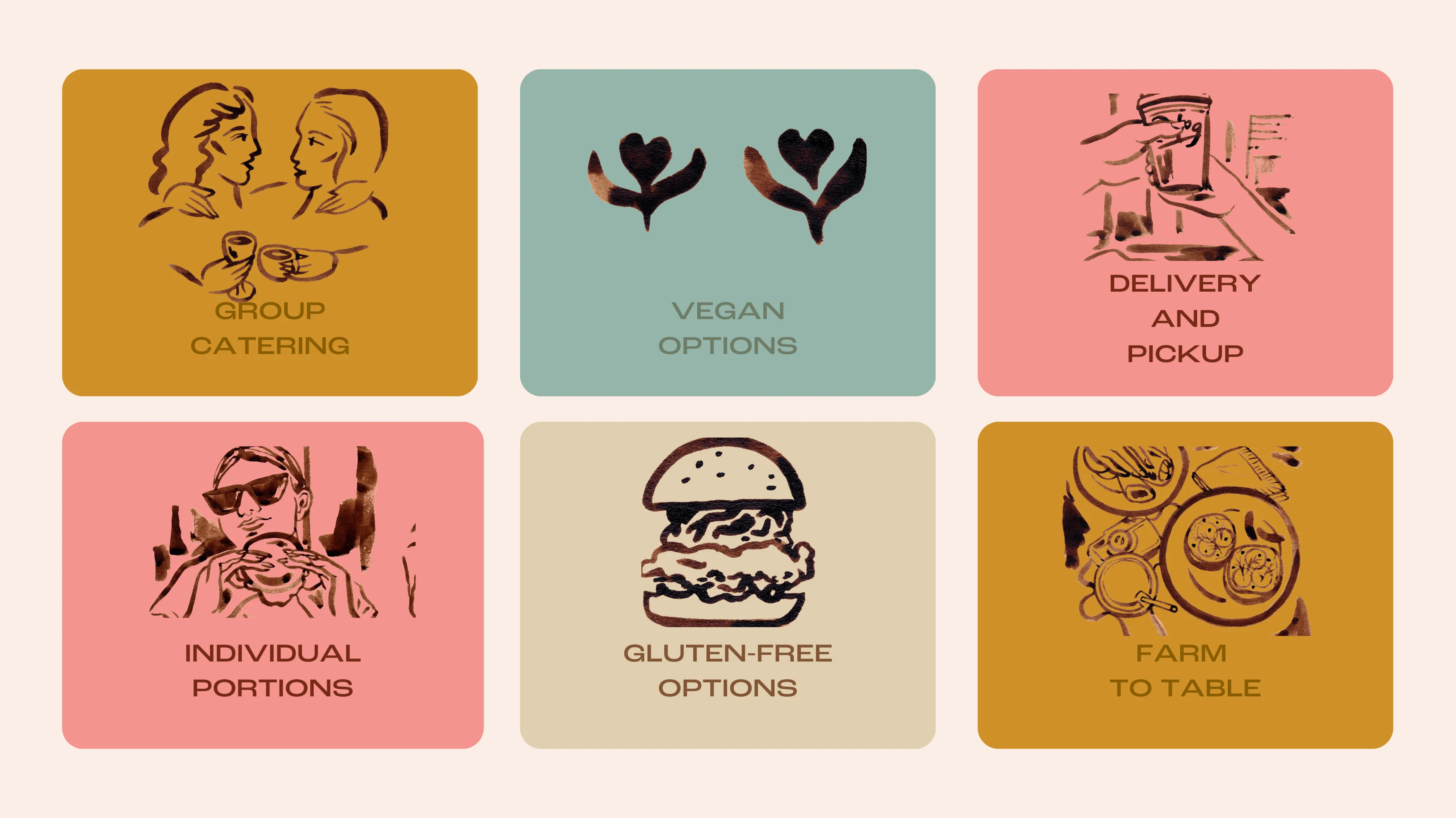 Icons representing catering options and dietary choices for a restaurant