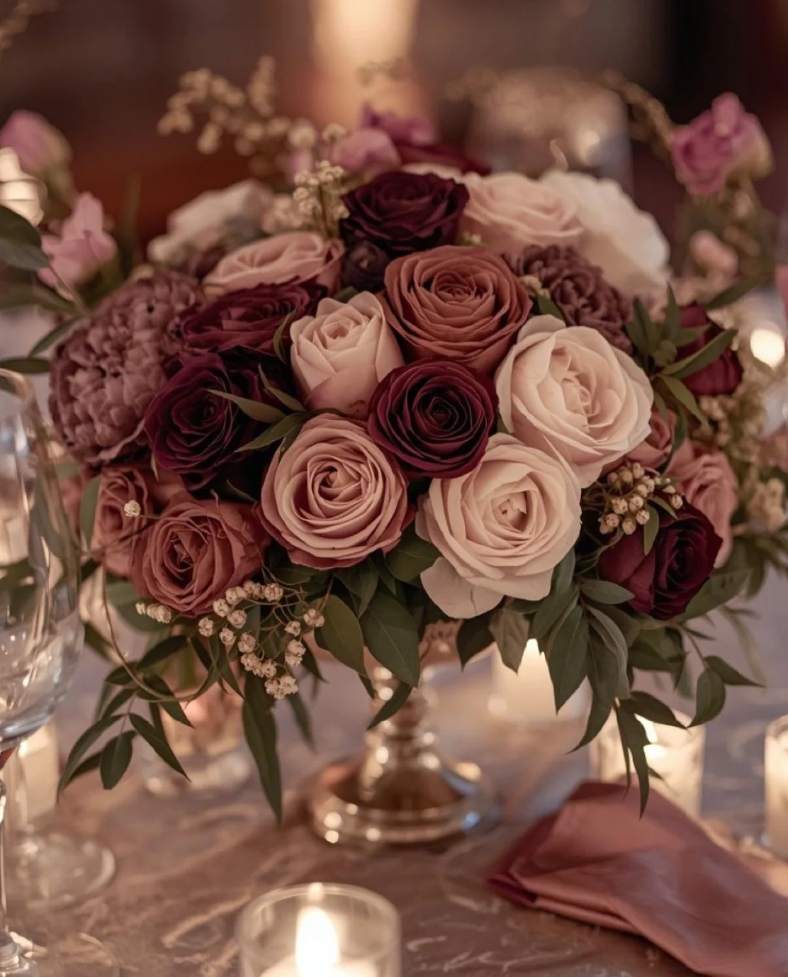 A beautiful floral arrangement showcasing a mix of roses in varying shades, set on a table amidst soft candlelight.