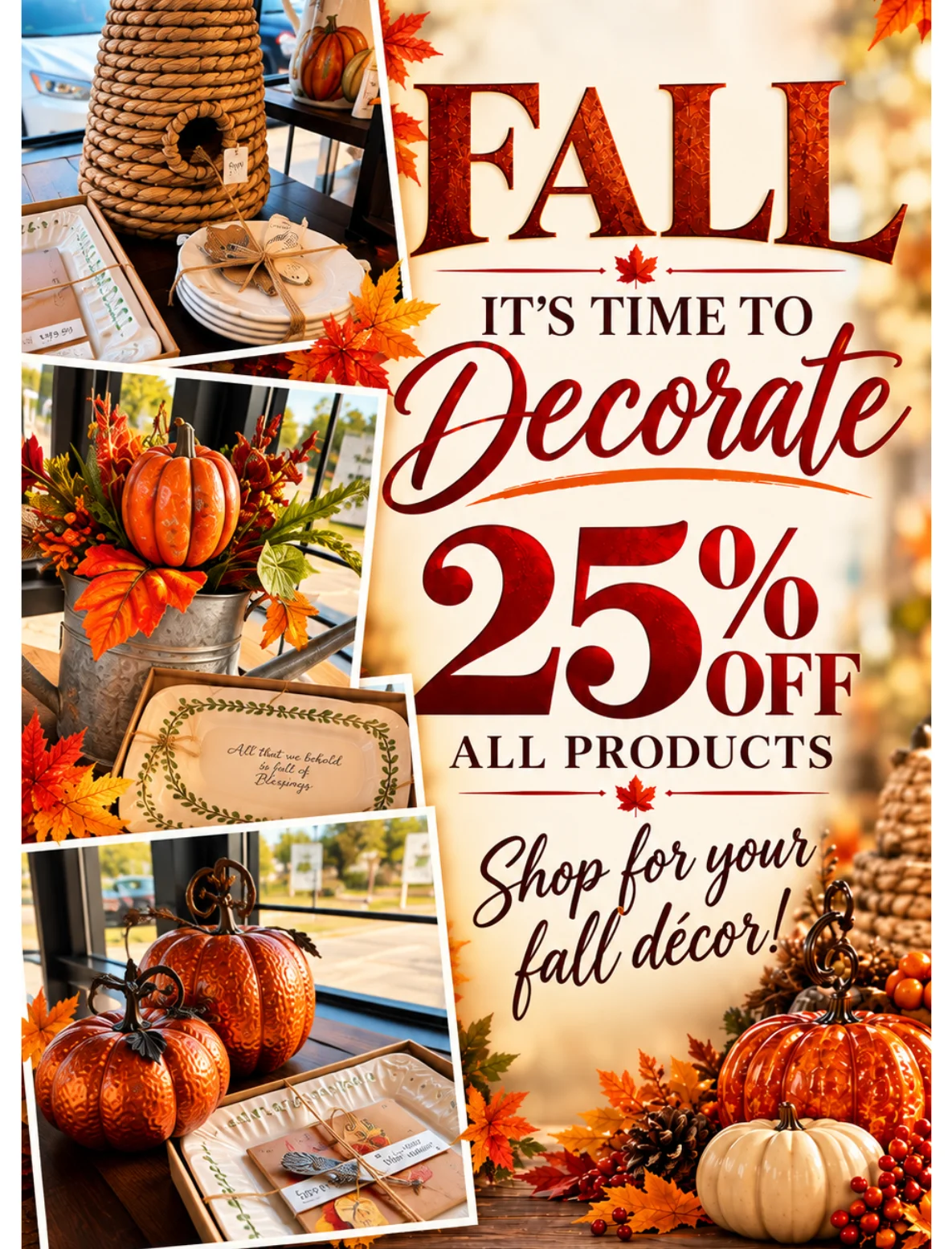 Fall decor display with pumpkins and autumn leaves in a cozy setting